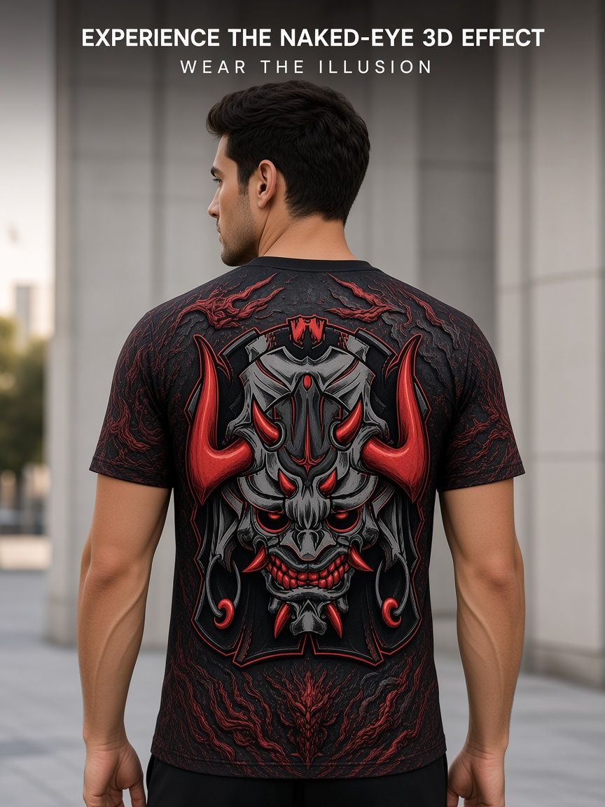 Japanese Oni Demon 3D Optical Illusion Graphic Tee Breathable Athletic Mesh T-Shirt Casual and Sports Wear