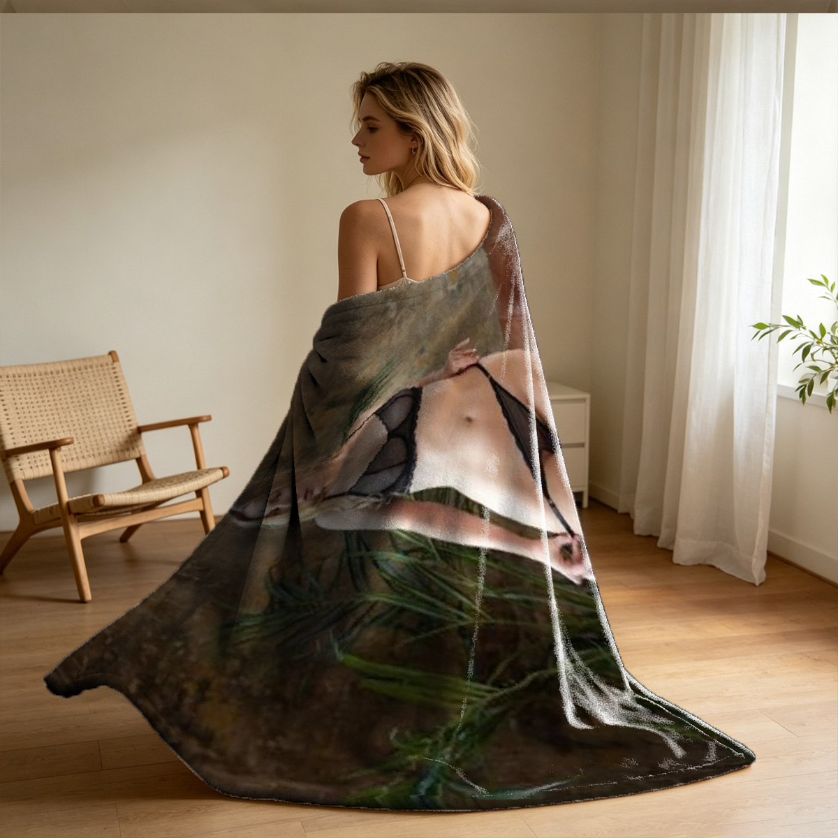 Two nude women embracing on outdoor daybed - Blanket