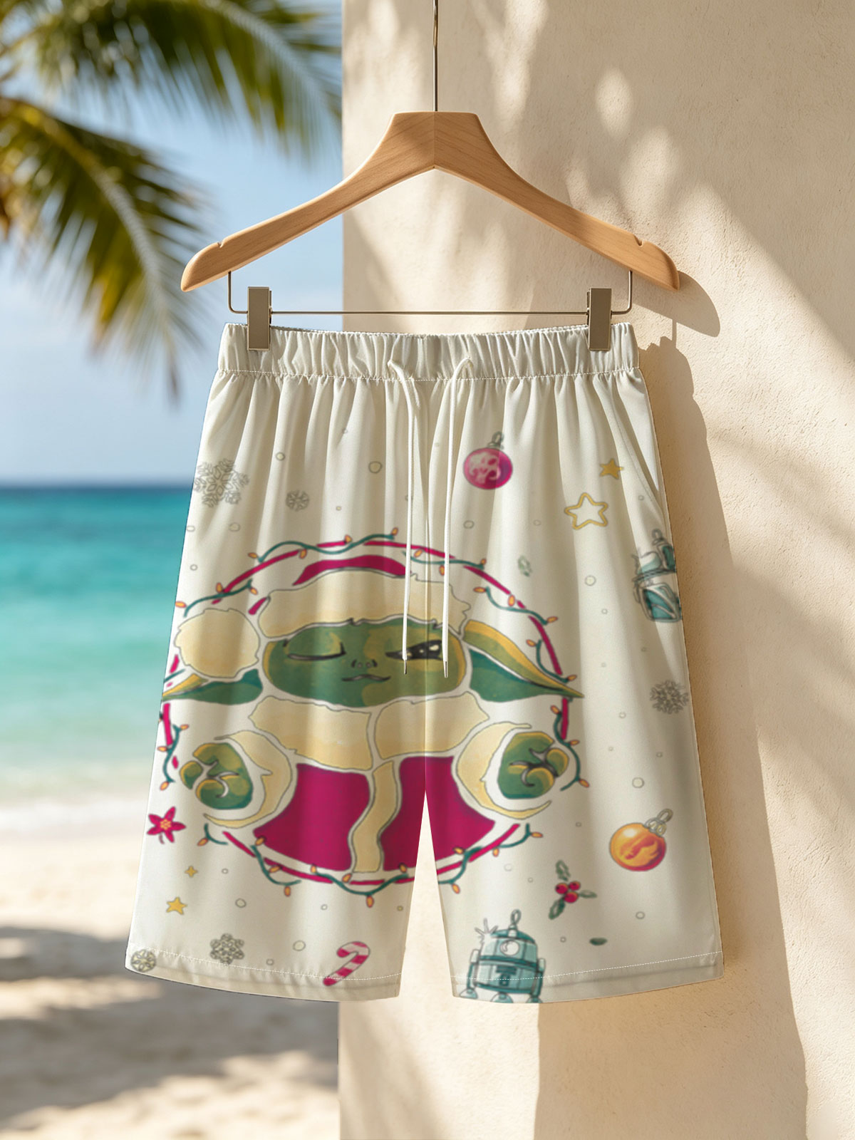 Baby Yoda in Santa Outfit with Star Wars Christmas Ornaments -  Beach shorts