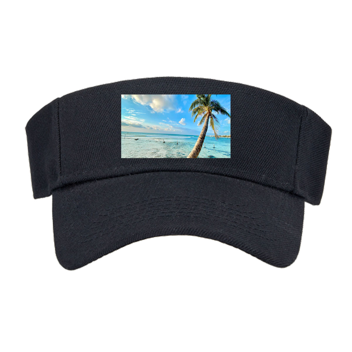 Tropical beach with palm tree leaning over clear blue water under a bright sky. -  Visor cap