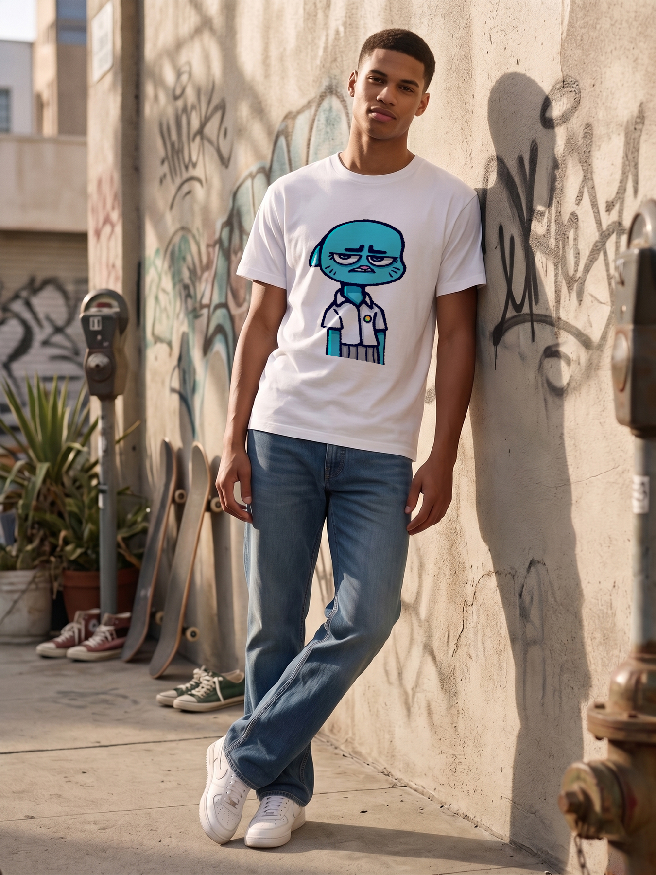 Men's Printed T-Shirt Featuring Blue Cartoon Character with Sad Expression and School Uniform Design, Casual Round Neck Lightweight Breathable Summer Short Sleeve Tee for Daily Wear, College Students, and Pop Culture Fans