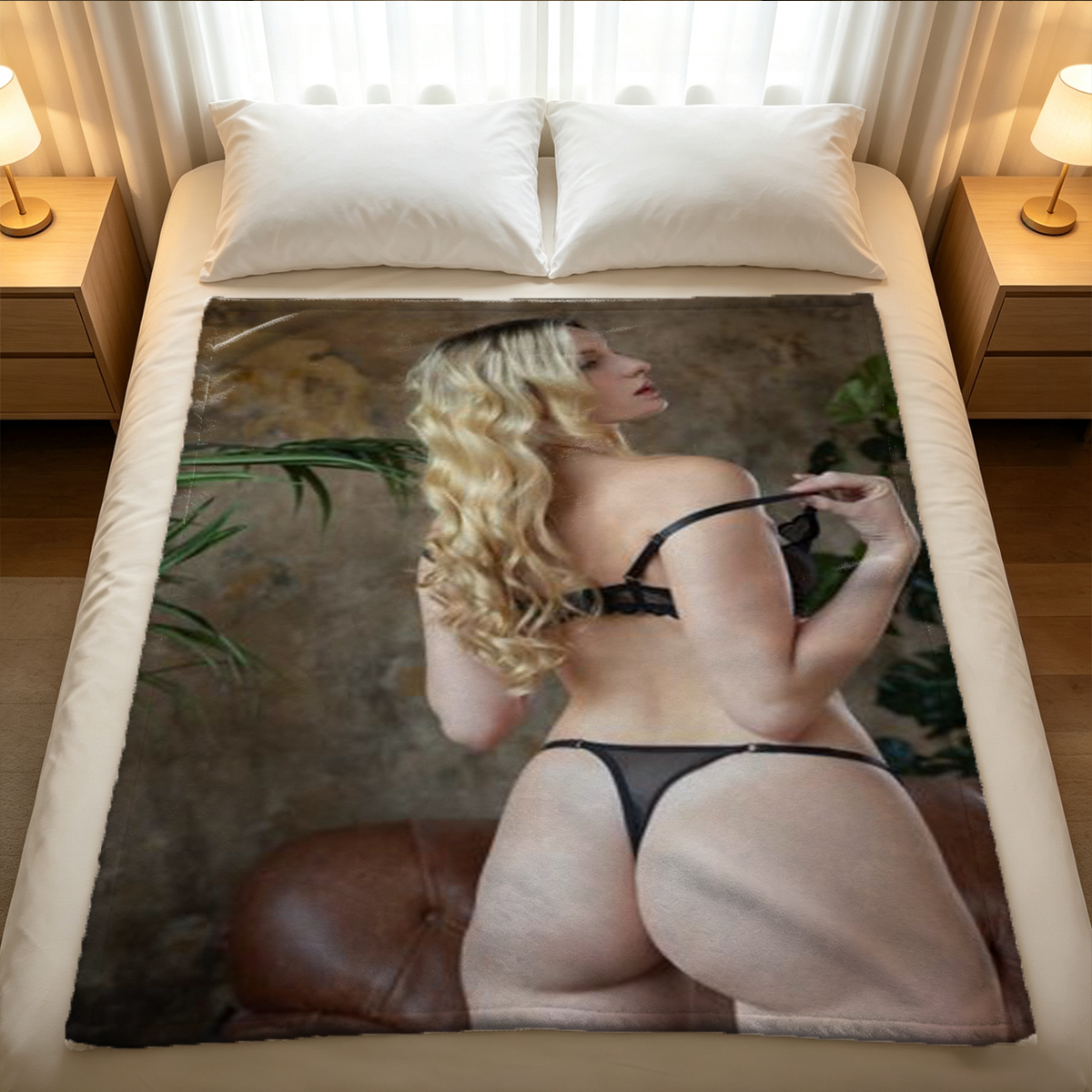 A young woman in ornate black lingerie kneeling on a bed by the window. - Blanket