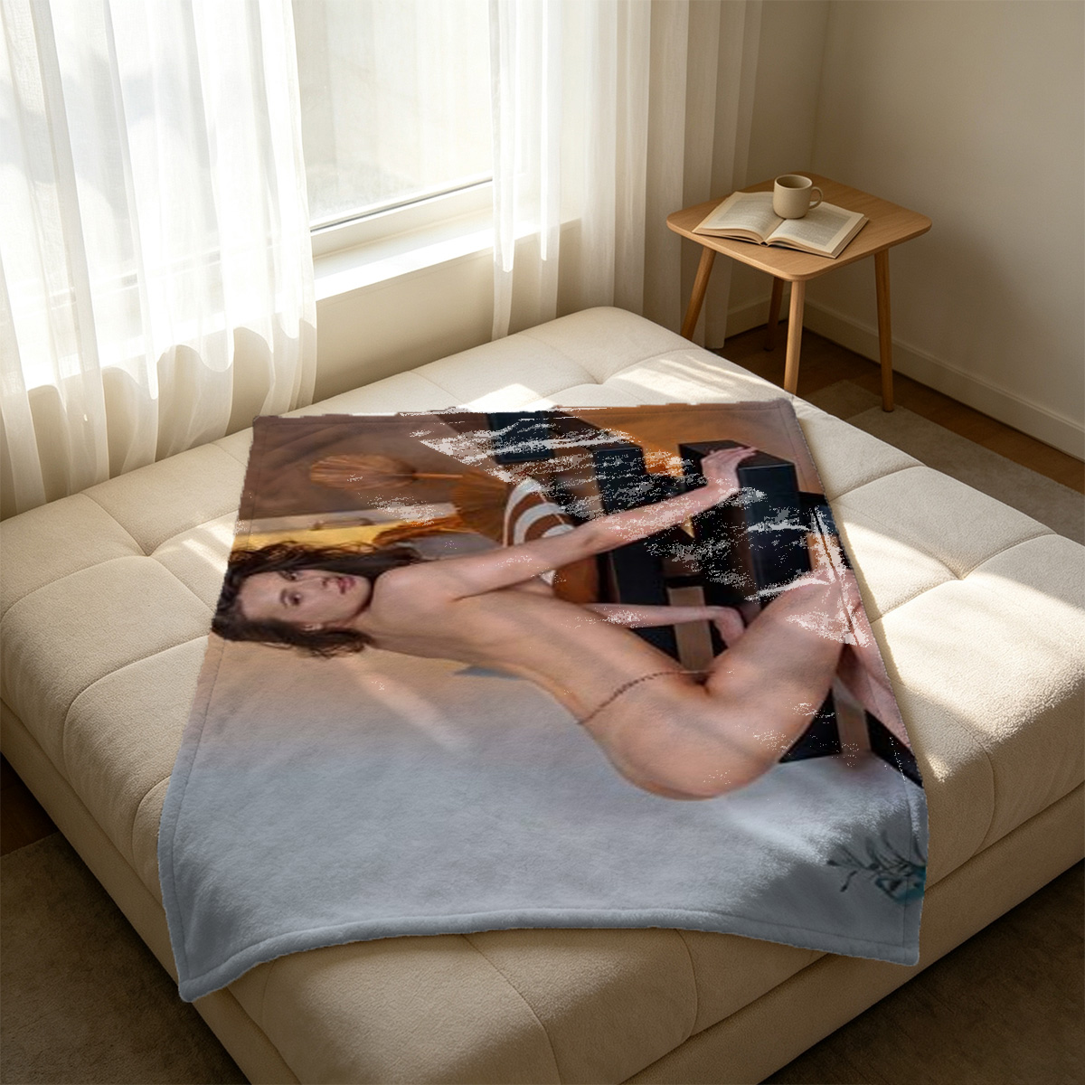 Redhead in white lingerie and stockings kneeling on bed. - Blanket