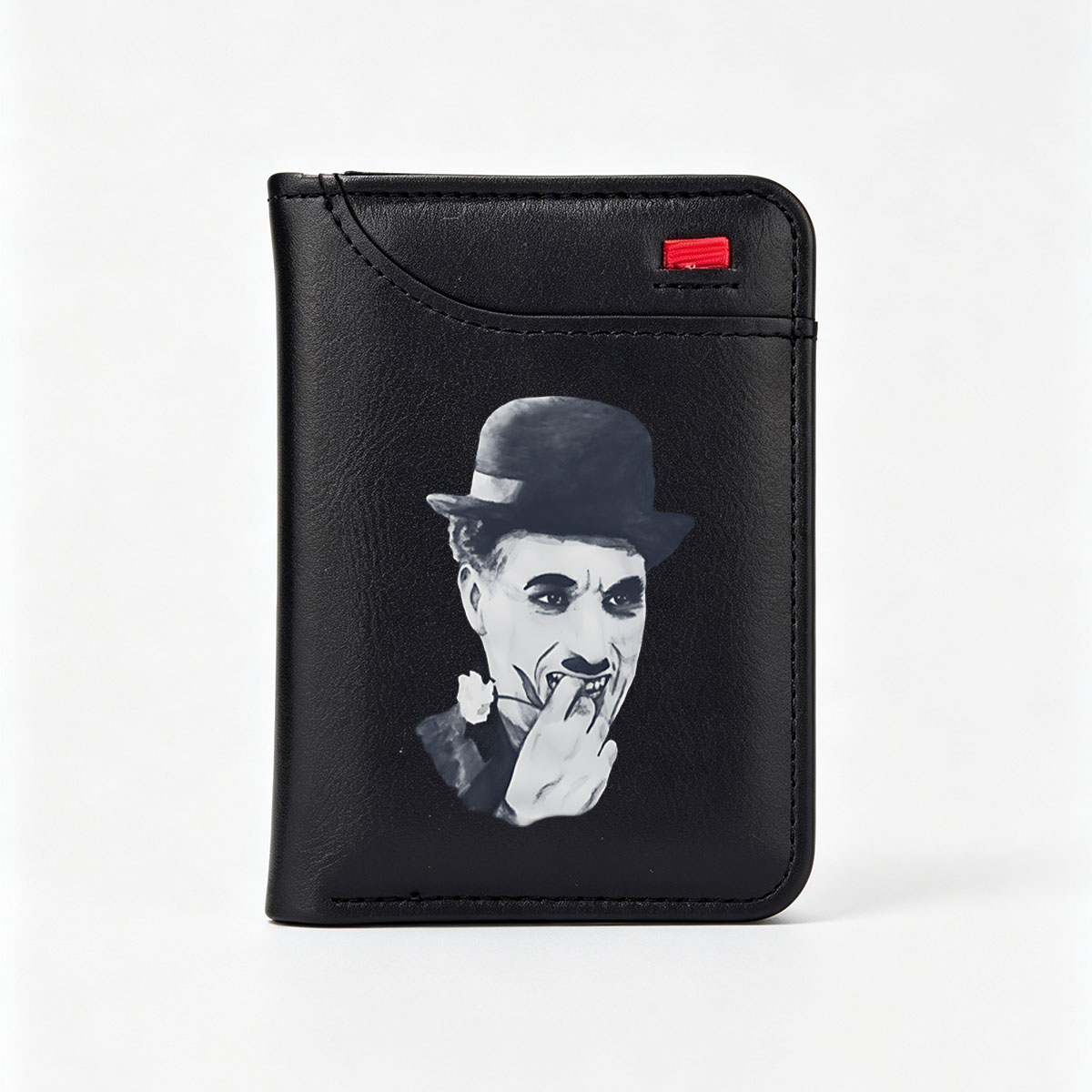 Charlie Chaplin in a Bowler Hat with a Flower and Expressive Gesture - Vertical Style Wallet