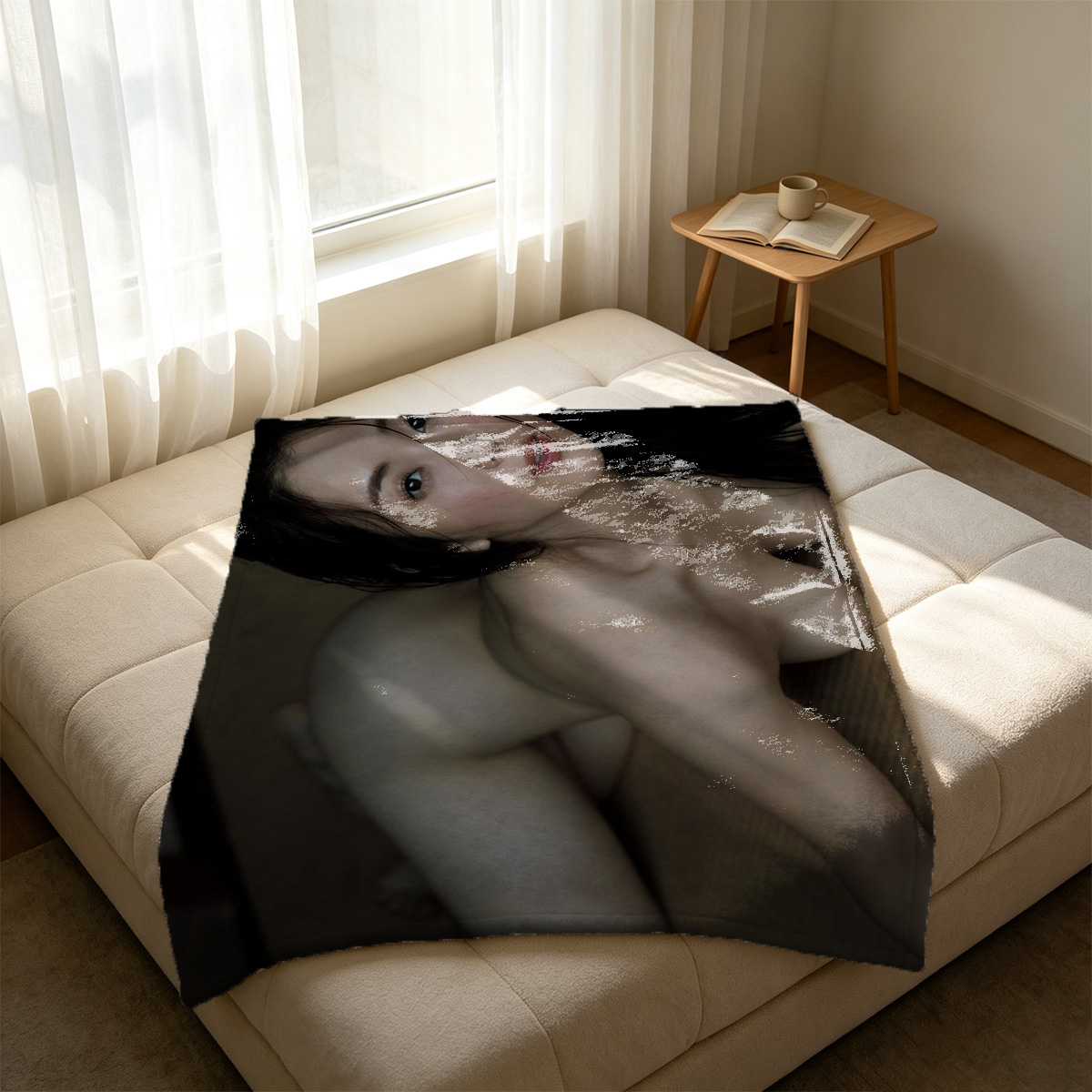 A woman in pink lace lingerie and sheer panties sits on the edge of a bathtub. - Blanket