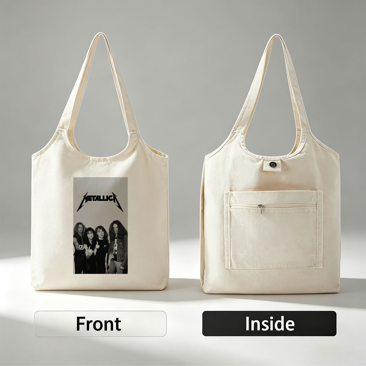 Metallica Band Members in Classic Black and White Portrait with Iconic Logo - Canvas shoulder bags/