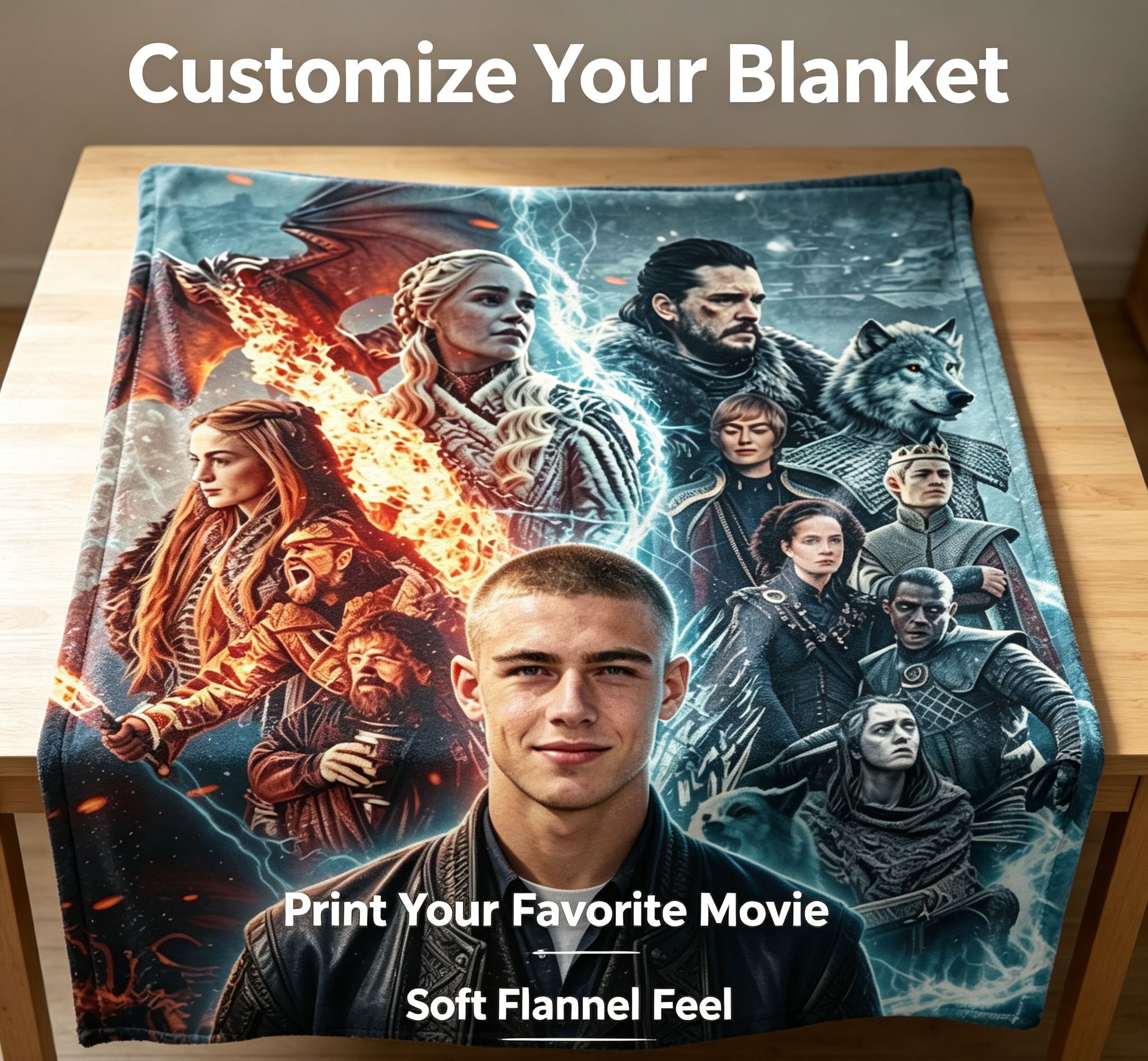 Custom Face Blanket Game of Thrones Characters Flannel Blanket Cozy Bedding Gift for Fans and Collectors