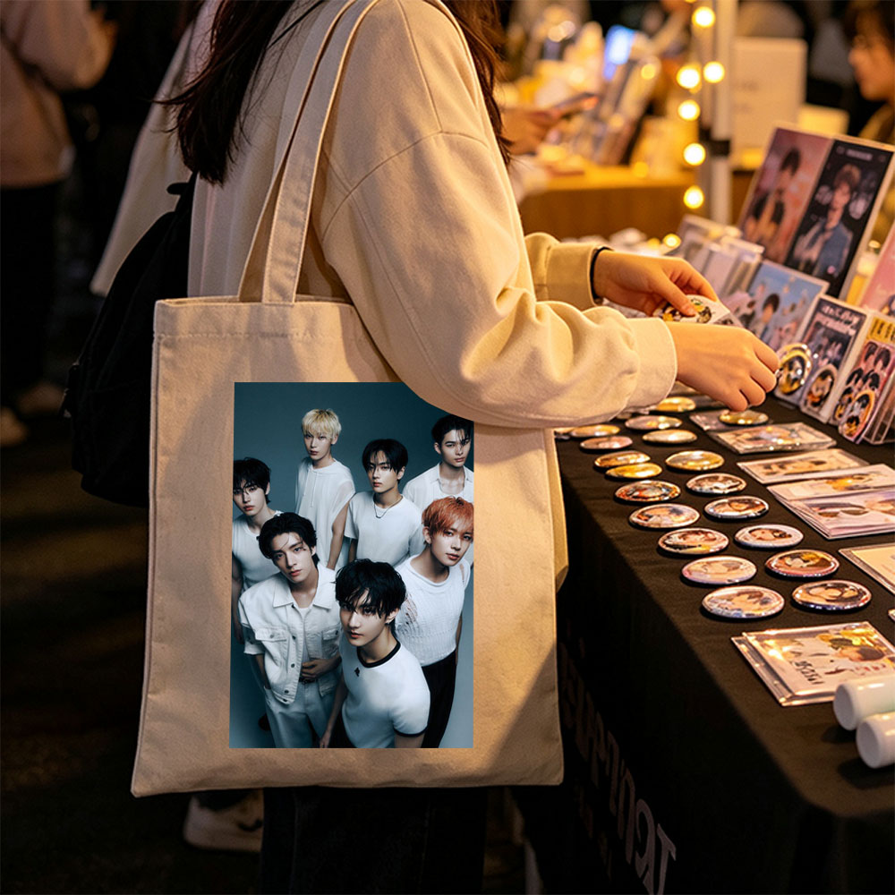 ENHYPEN Group Photo - Seven Members in White Outfits Posed Against Dark Background - Canvas tote bags