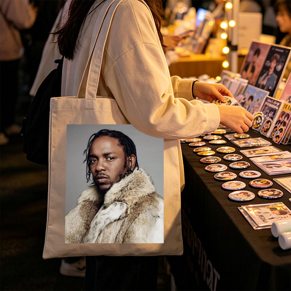 Kendrick Lamar in a Fur Coat Portrait with Intense Gaze and Braided Hair - Canvas tote bags