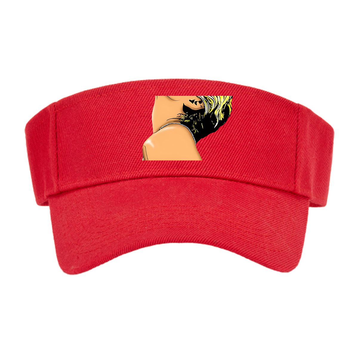 Miley Cyrus in a stylized portrait with bold yellow hair and a black top, artwork by Nerd Jersey Arts. -  Visor cap