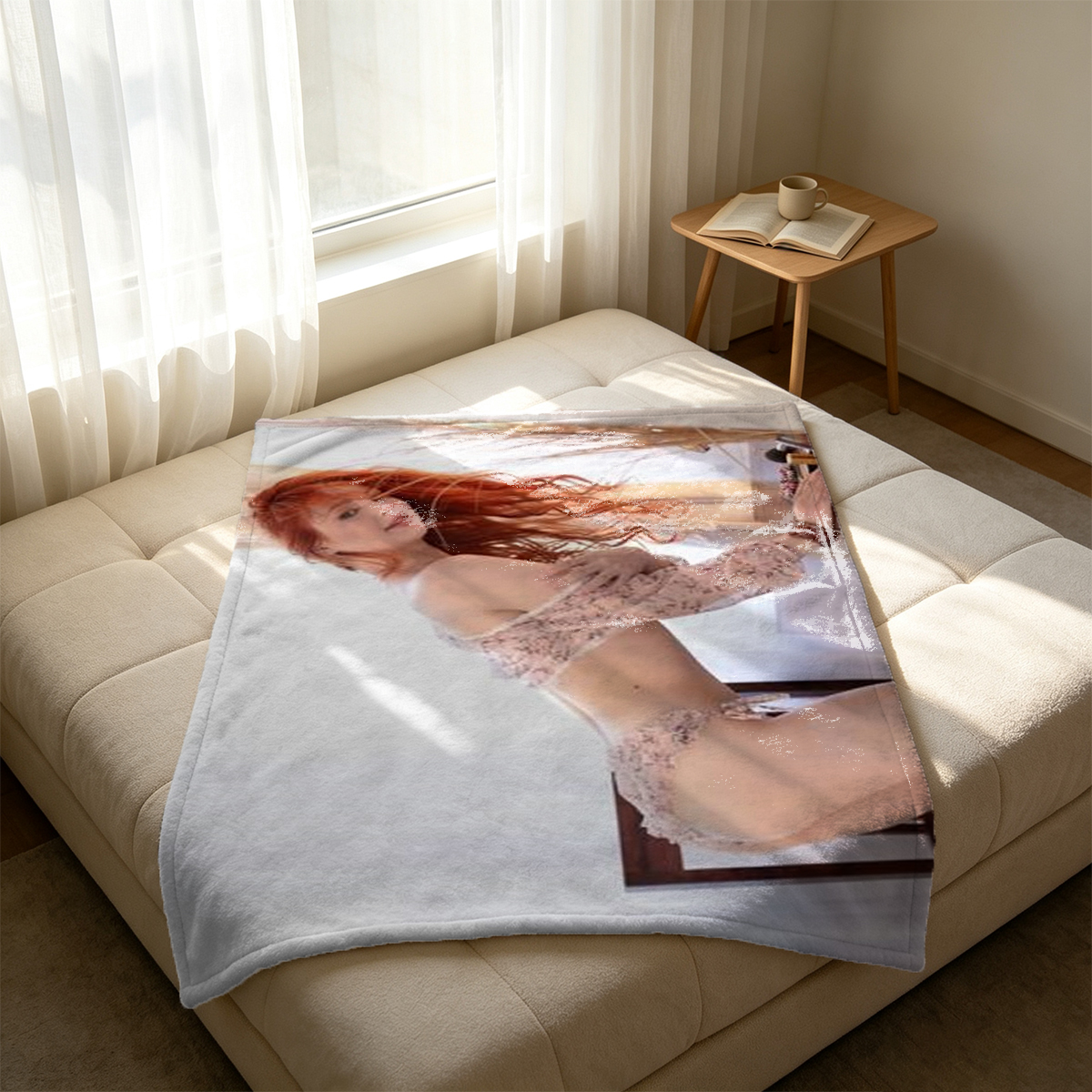 Jennifer Lopez in black bodysuit and white maid apron on bed - Blanket