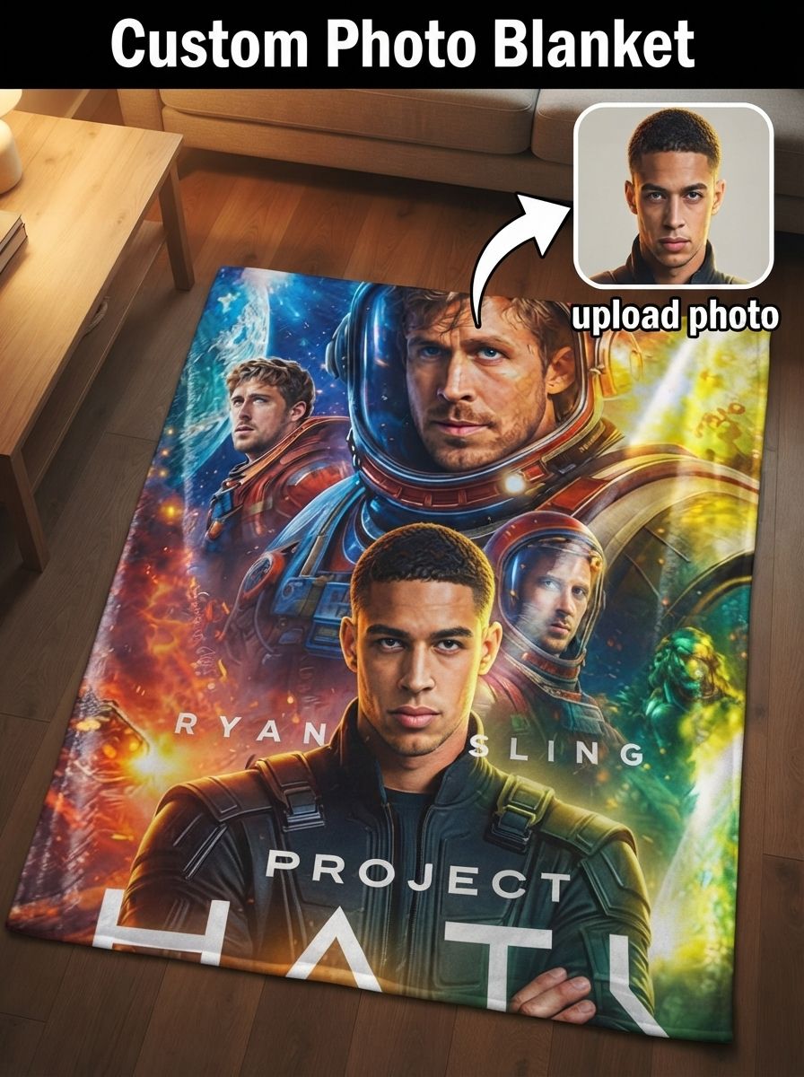 Custom Photo Face Flannel Fleece Throw Blanket, Personalized Sci-Fi Astronaut Movie Poster Velvet Soft Lightweight Warm