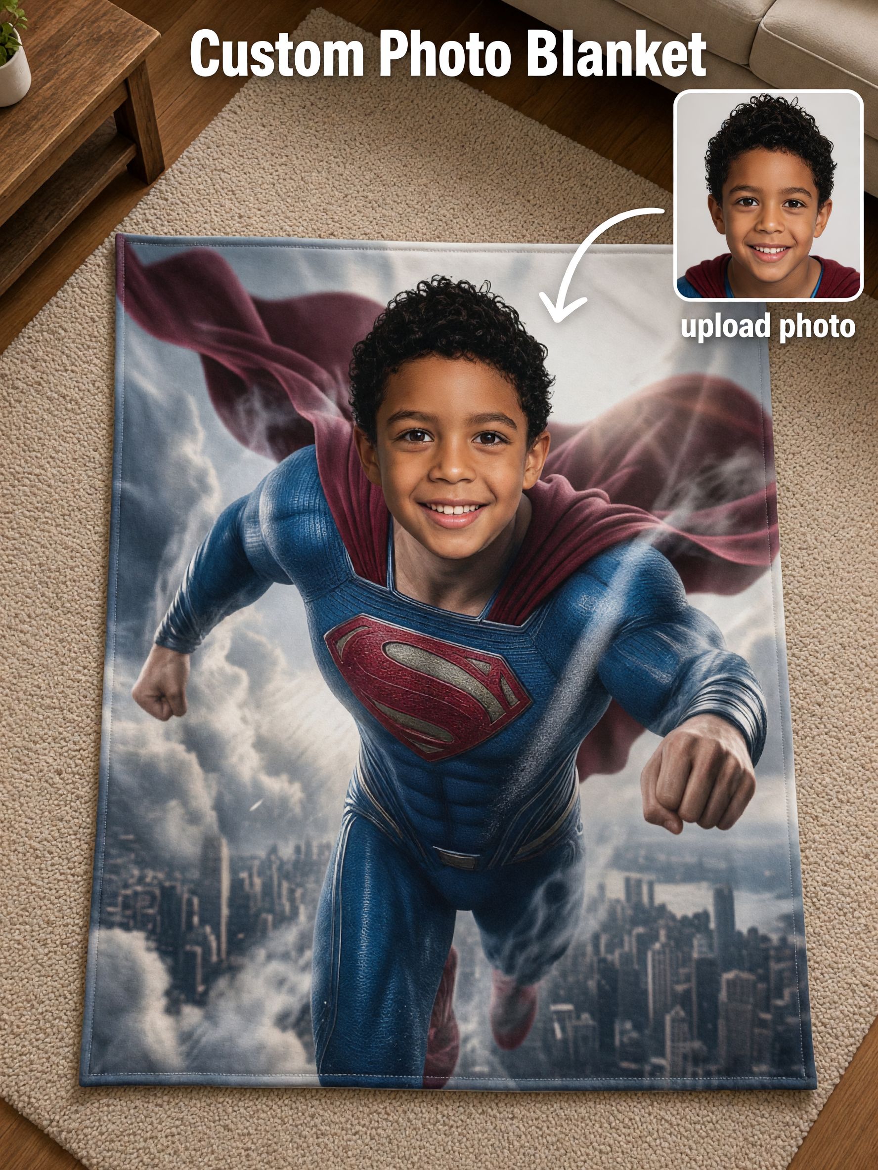 Custom Face Photo Blanket Personalized Superhero Flannel Throw Skin Friendly Anti Pilling Cozy Bed Sofa Gift for Kids