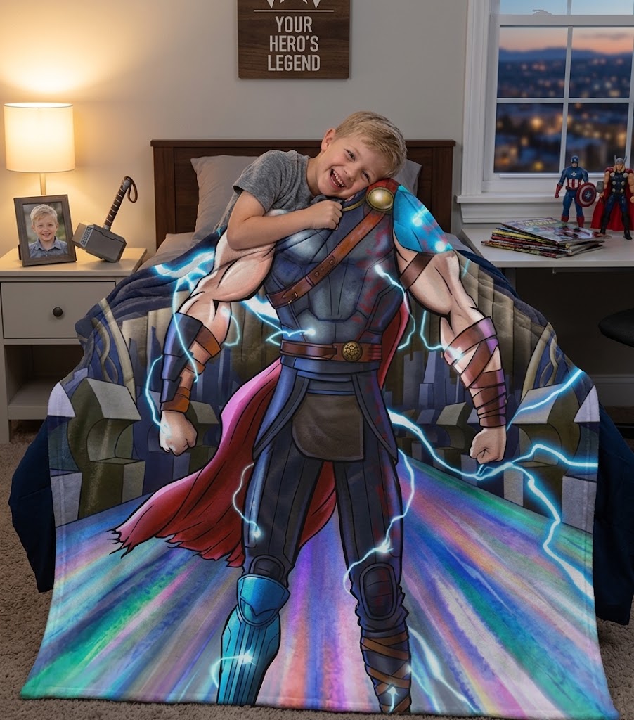 tMarvel Thor Custom Photo Blanket, Personalized Upload Kid Portrait Rainbow Bridge Asgard Fleece Blanket for Bed Couch Kids Gift