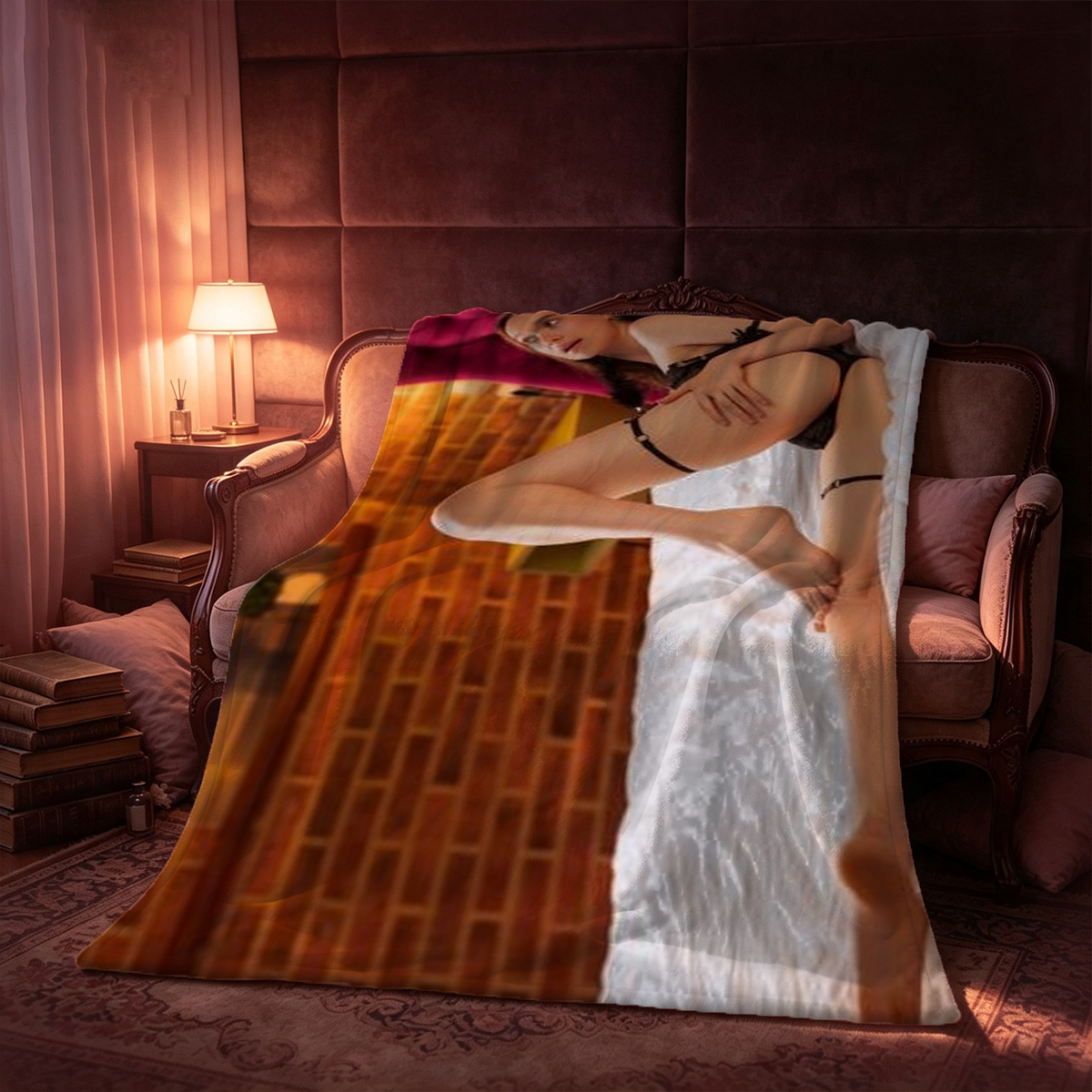 A seductive woman in black lace lingerie and stockings kneels on a leather bench in a luxurious bedroom. - Blanket