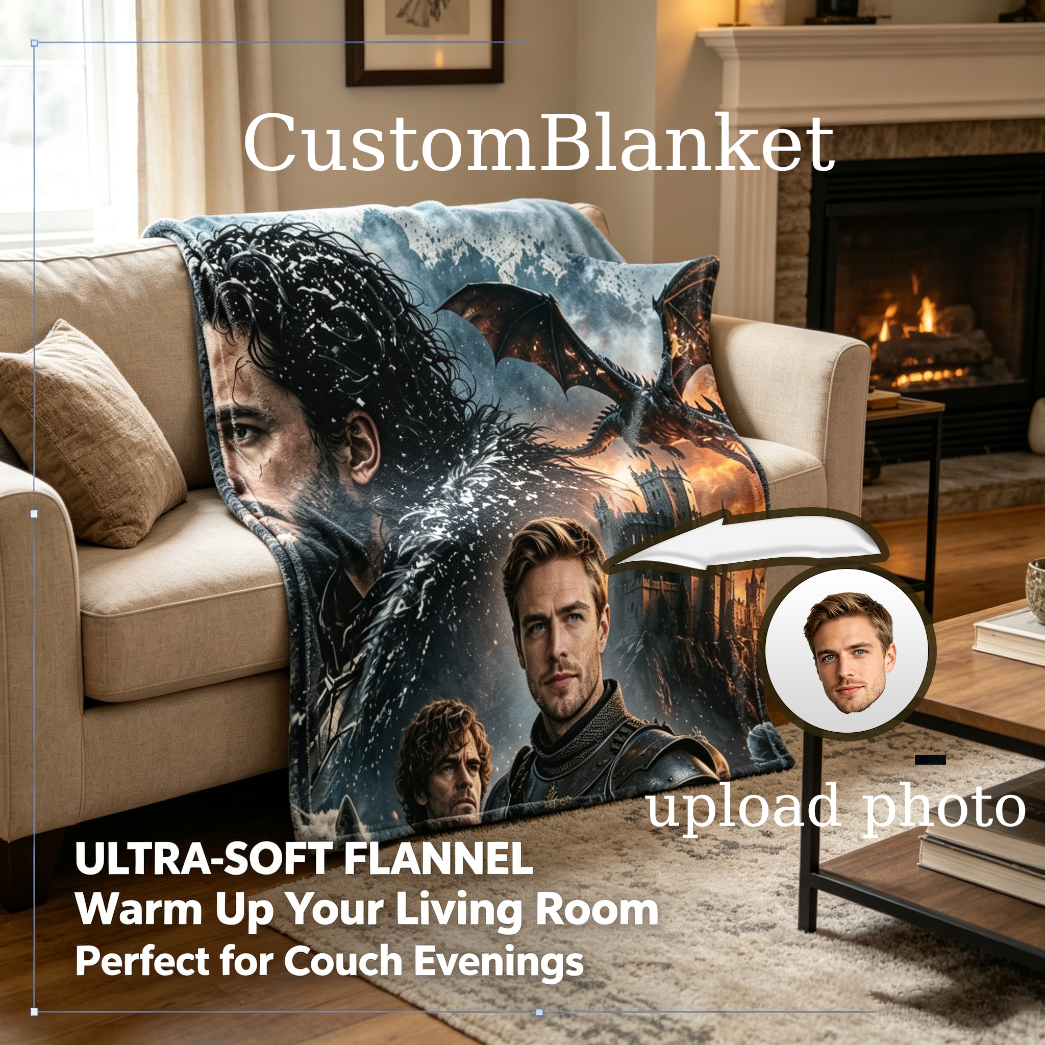 Custom Face Blanket Game of Thrones Characters Flannel Blanket for Couch, Bed, or Travel – Perfect Gift for Fans and Collectors
