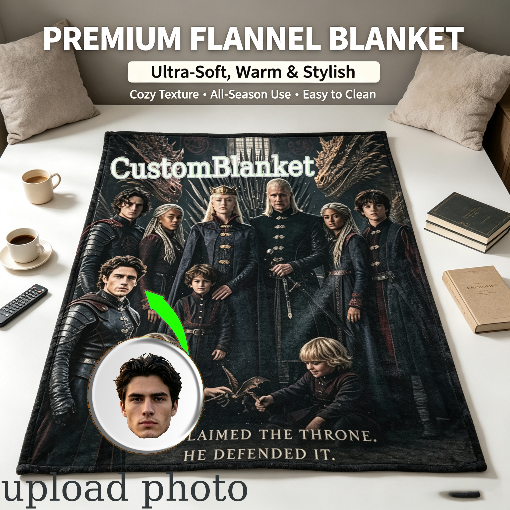 Custom Face Blanket House of the Dragon Flannel Blanket for Fans of Westeros Fantasy Series Perfect Gift for TV Show Lovers and Collectors