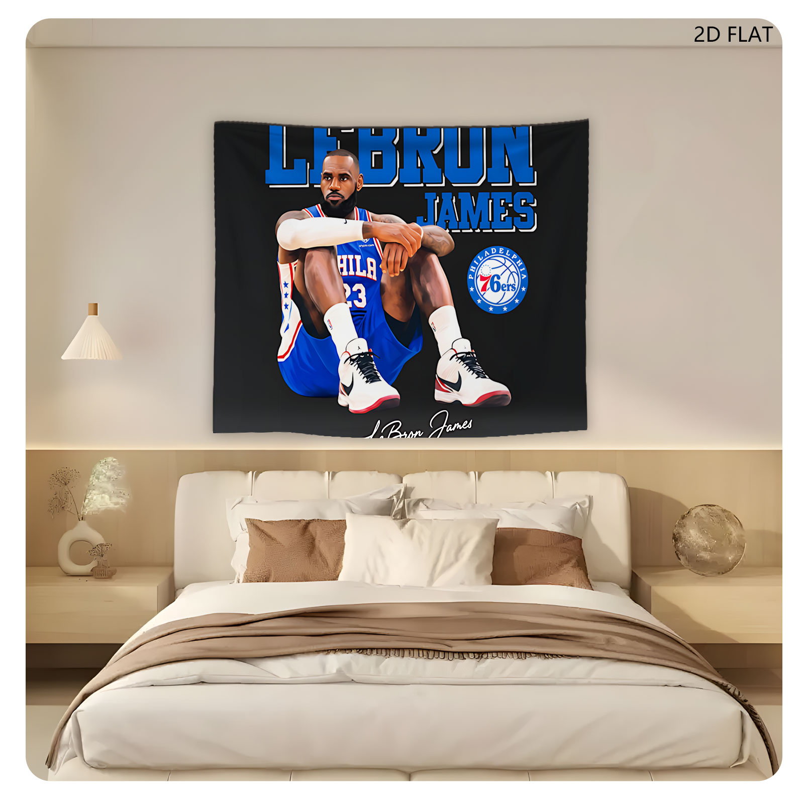 LeBron James in Philadelphia 76ers Jersey, Sitting Pose with Team Logo and Signature - Tapestry