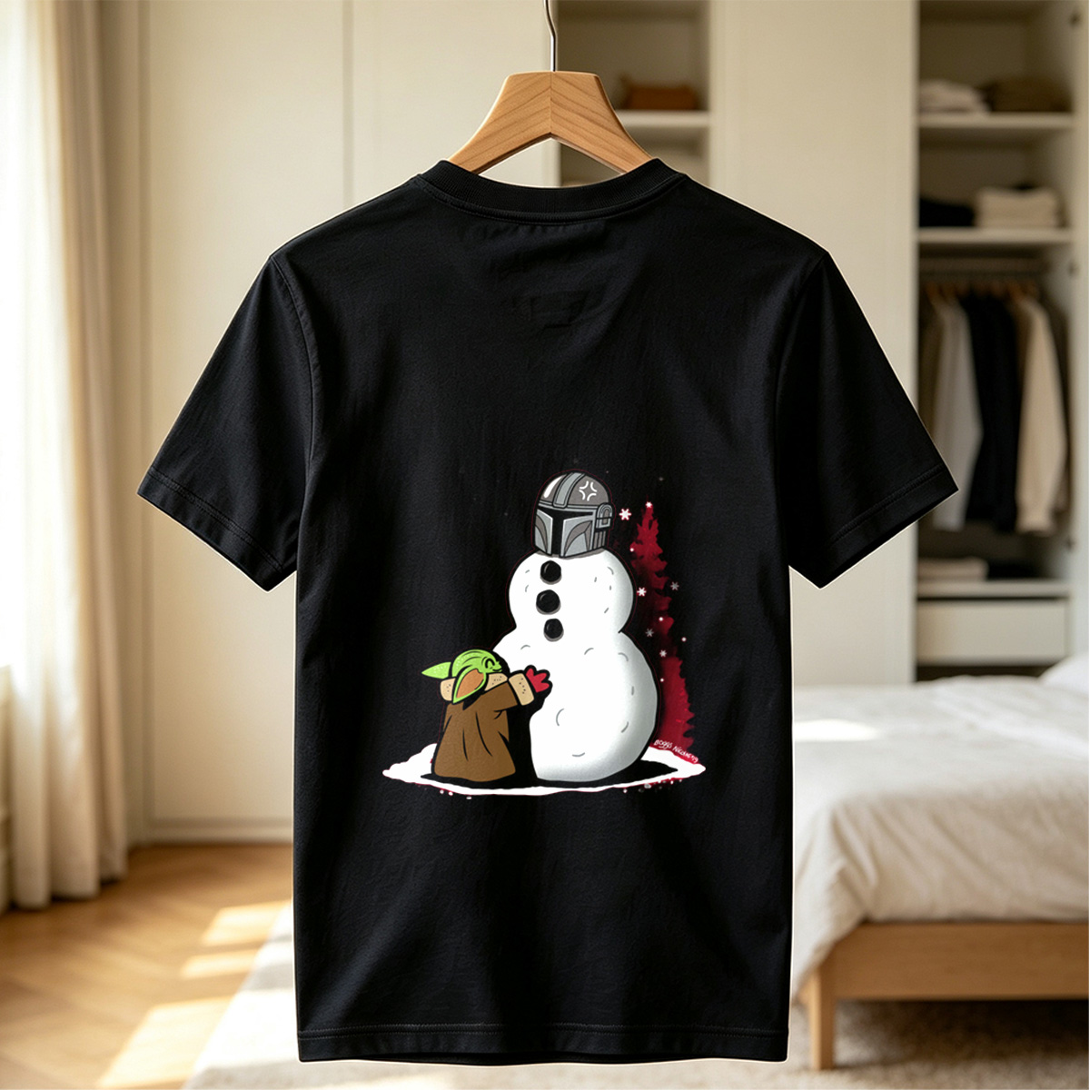 Baby Yoda Builds Snowman with Mandalorian Helmet - Tee