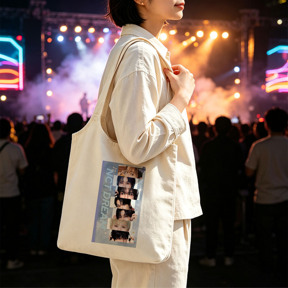 NCT DREAM Members Close-Up Portraits with Expressive Eyes and Stylish Hair Details - Canvas shoulder bags/