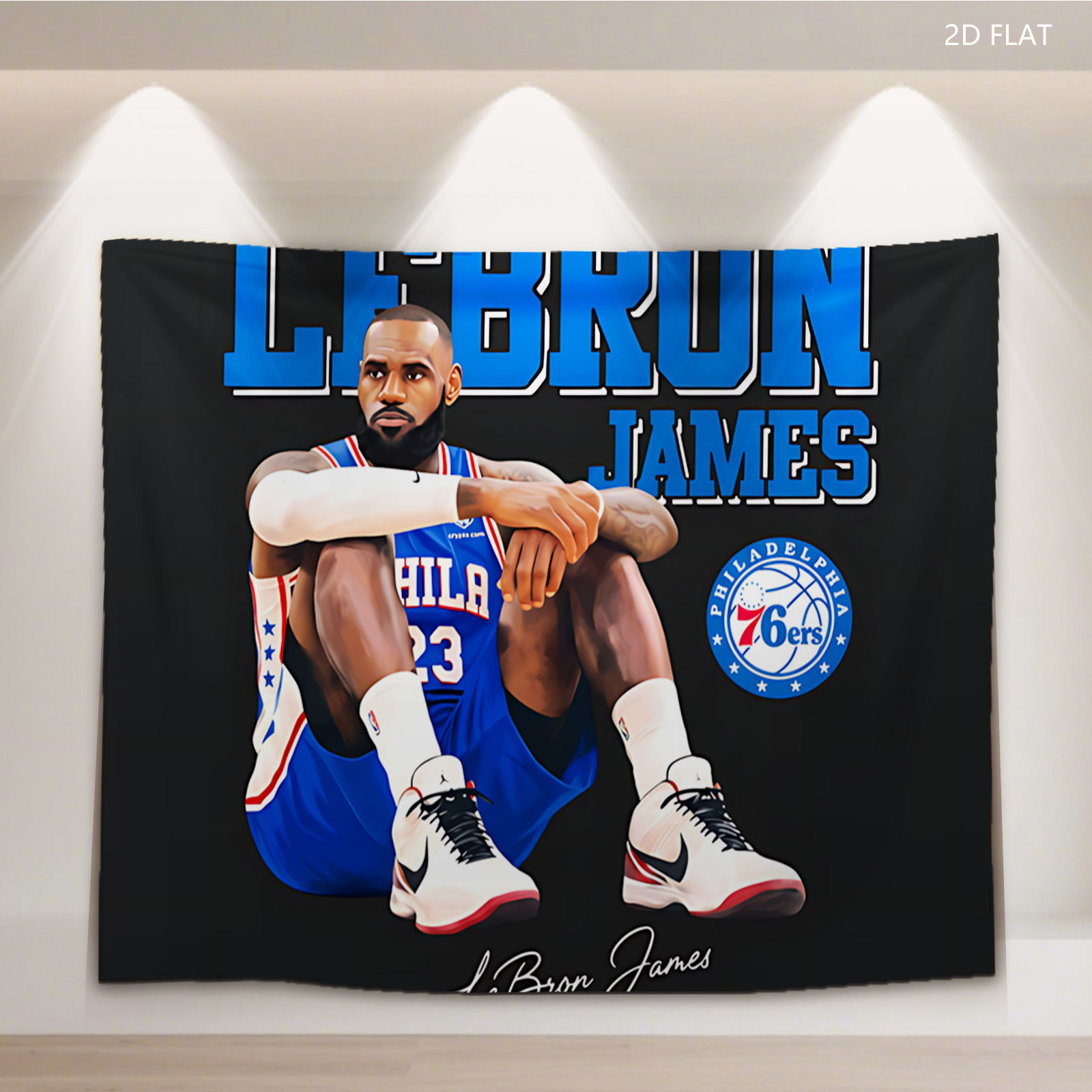 LeBron James in Philadelphia 76ers Jersey, Sitting Pose with Team Logo and Signature - Tapestry
