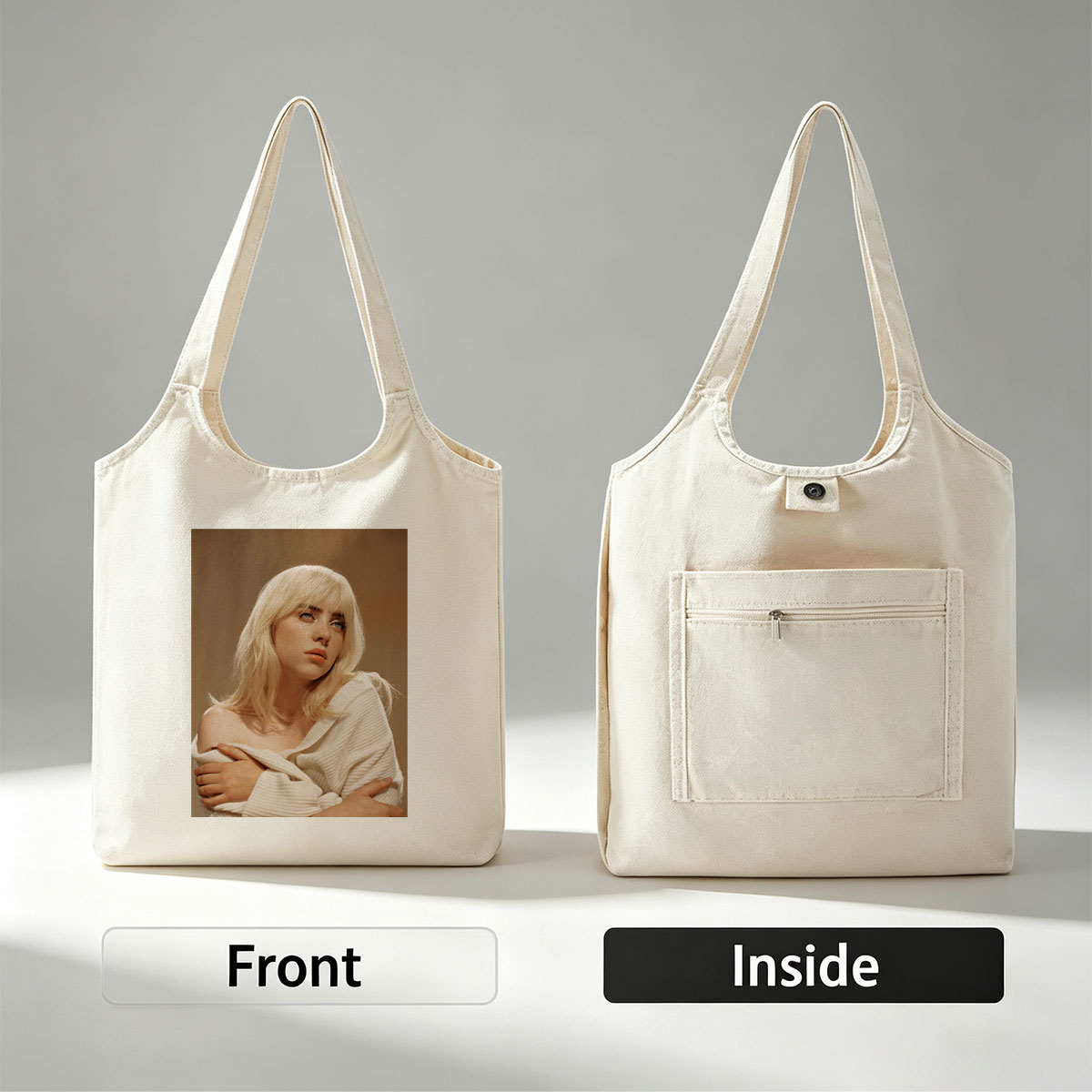 Billie Eilish in a Soft Portrait Wearing a White Off-Shoulder Sweater with Blonde Hair and Blue Eyes - Canvas shoulder bags/