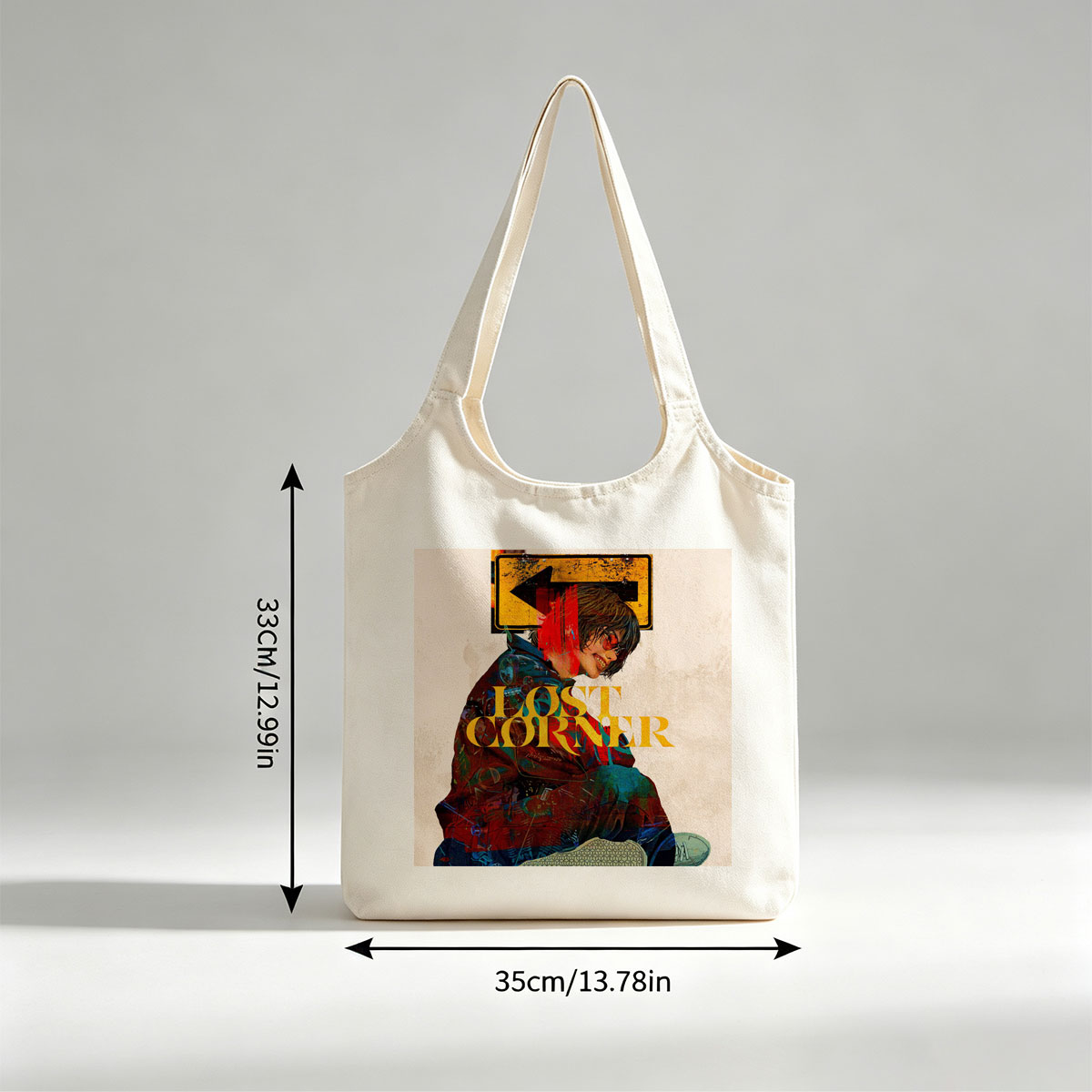 Lost Corner Band in Urban Scene with Graffiti-Style Art and Directional Sign - Canvas shoulder bags/