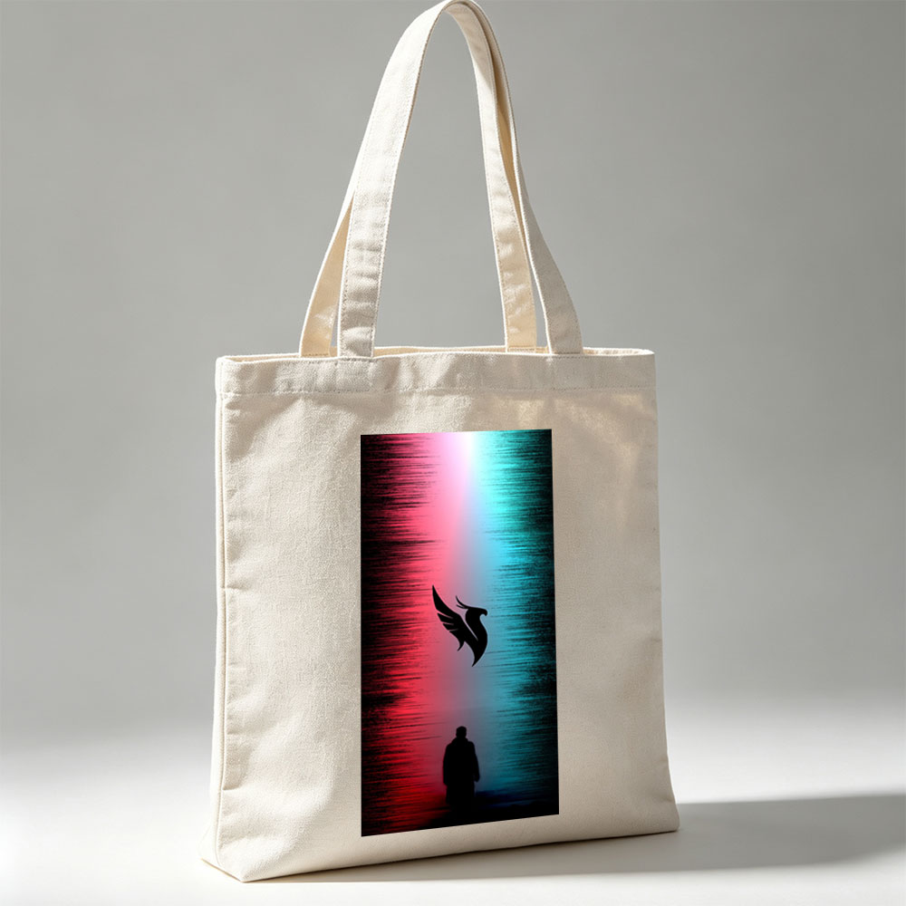 Linkin Park - Silhouette of a Man Standing Before a Winged Bird Symbol Against a Red and Blue Gradient Background - Canvas tote bags