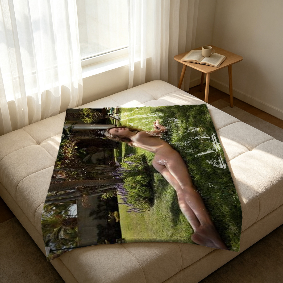 Nude Asian woman in black lattice-cut pants posing on wooden chair. - Blanket