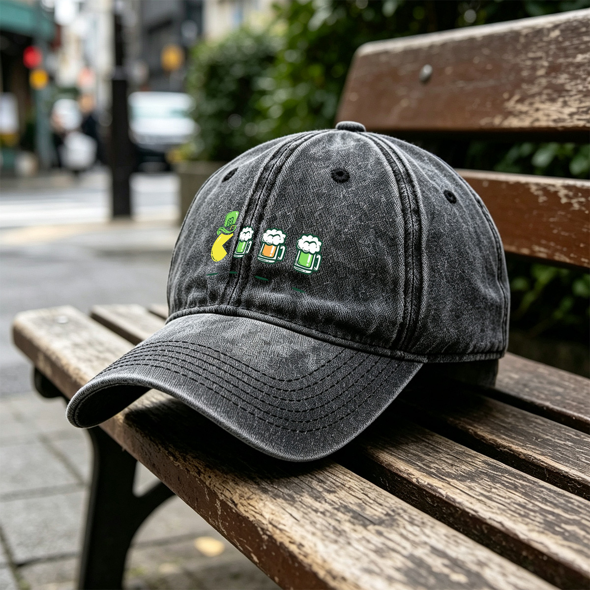 Pac-Man Wears a Leprechaun Hat and Approaches Beer Mugs - Washed Denim - Baseball Cap