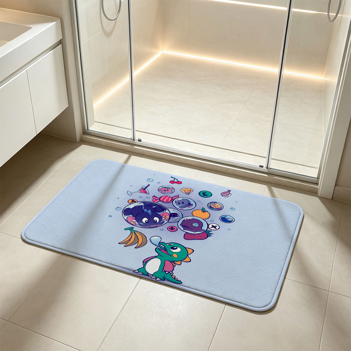 Cute Dragon Blows Bubbles with Game Icons and Fruits - Flannel floor mat