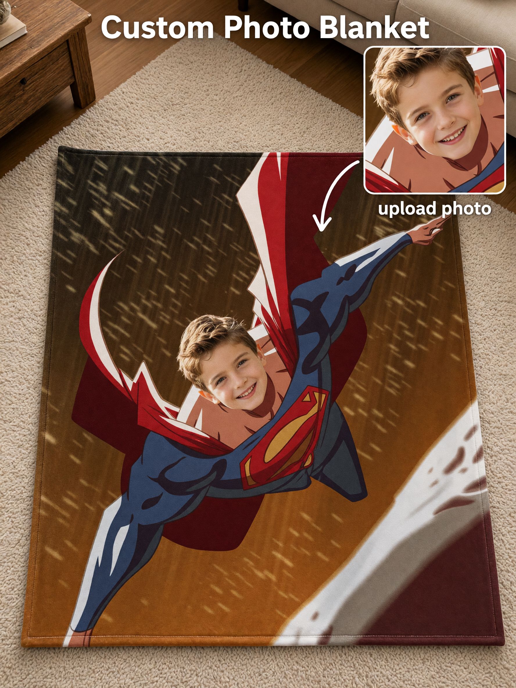 Custom Face Superhero Blanket Personalized Flannel Throw, Ultra Soft Comic Hero Fleece Bedding for Kids and Adults