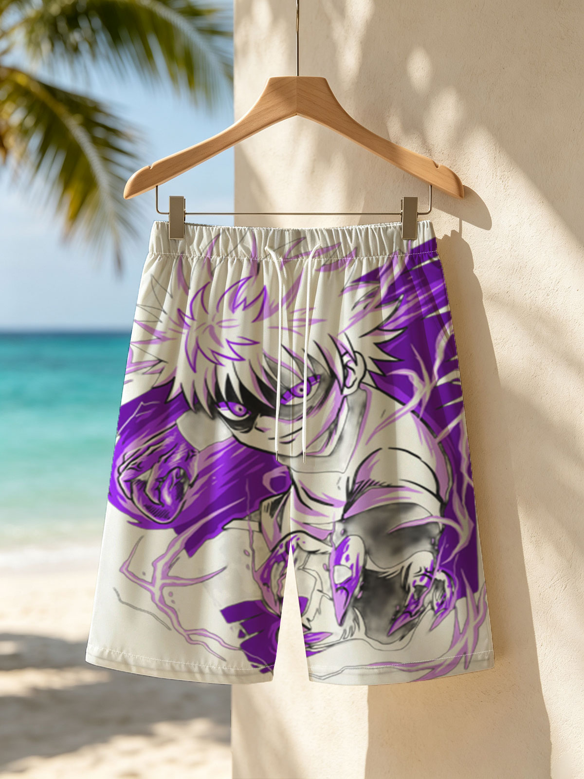 Saitama from One Punch Man in a dynamic pose with purple energy effects -  Beach shorts