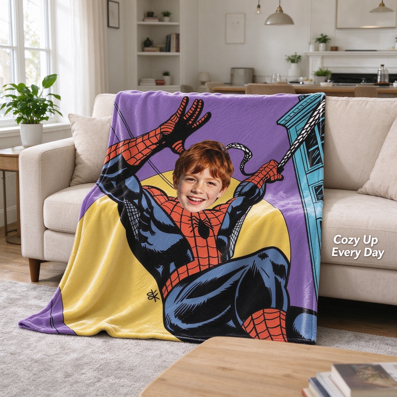 Personalized Face Superhero Flannel Fleece Throw Blanket Custom Photo Comic Character Keepsake Cozy Bed Couch Wrap