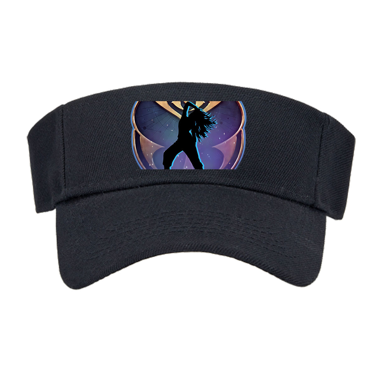 Silhouette of a dancer in front of an eye emblem, cosmic background -  Visor cap