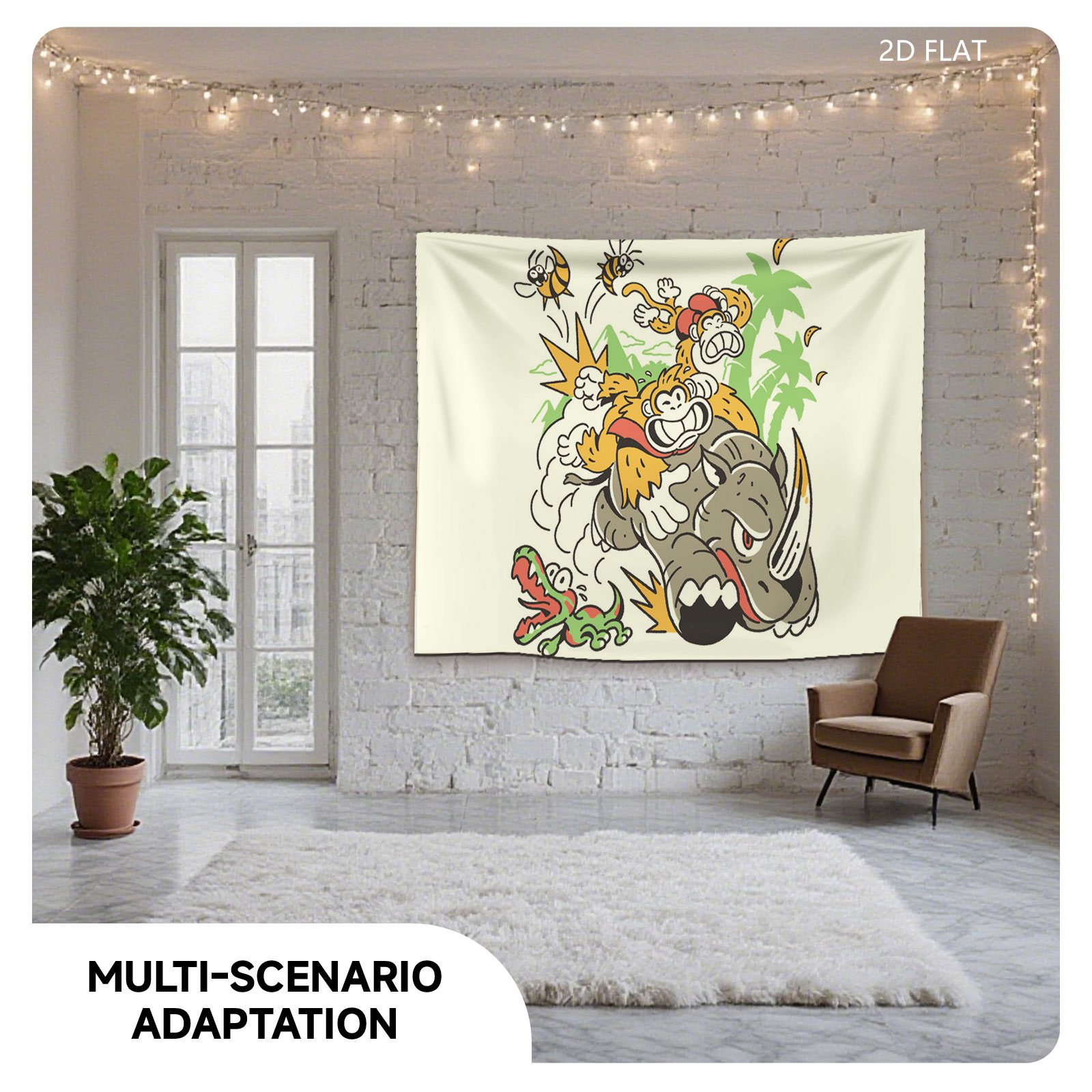 Diddy Kong and Donkey Kong Ride a Rhinoceros Through Jungle Chaos - Tapestry