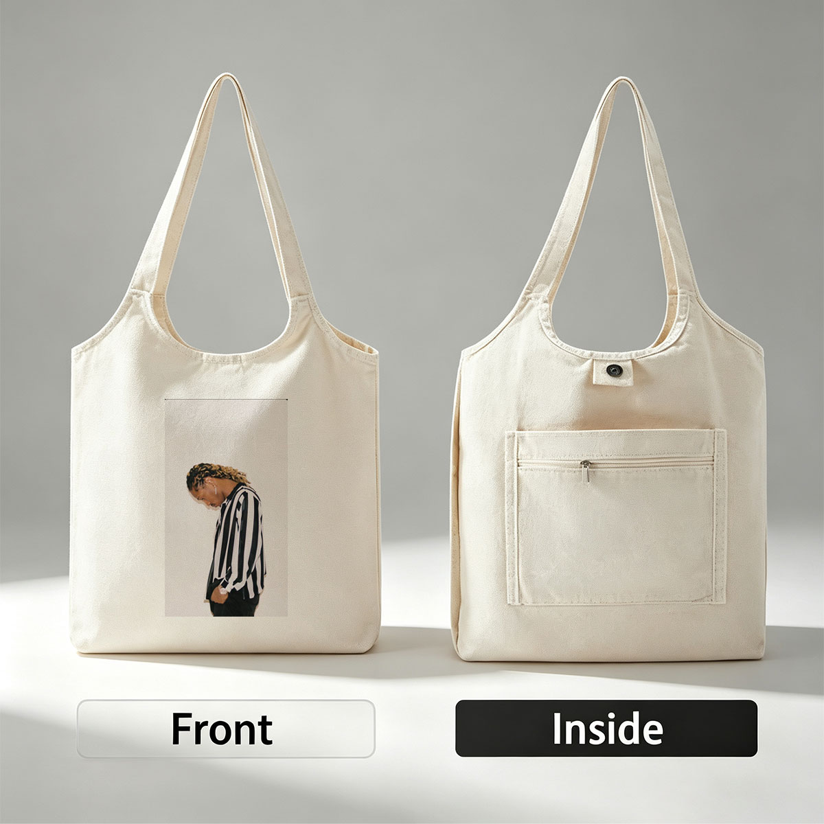 Lil Durk in a Striped Shirt with Braided Hair Against a White Background - Canvas shoulder bags/