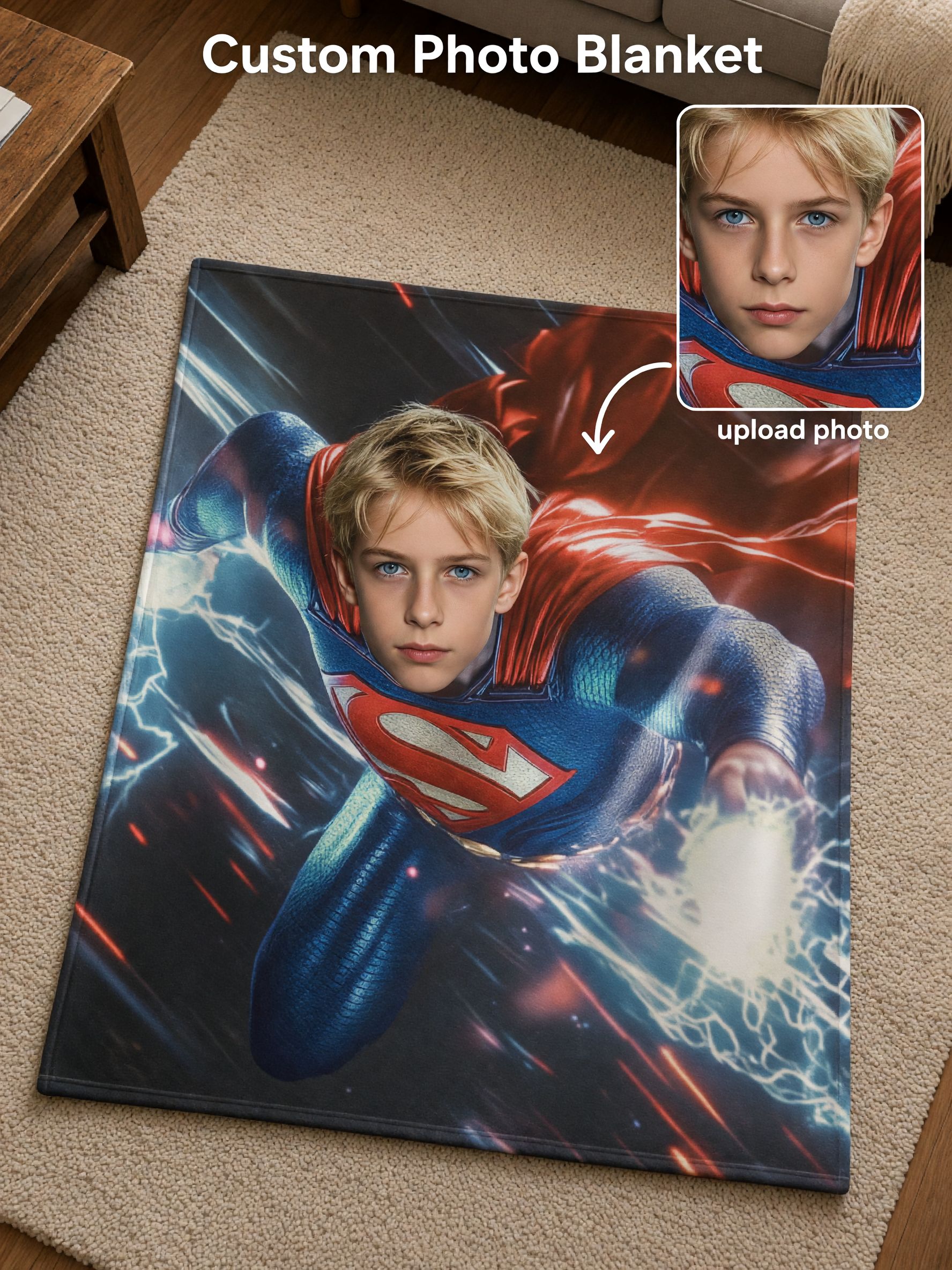 Personalized Superhero Face Photo Blanket, Ultra Soft Flannel Throw for Kids, Ideal Custom Gift