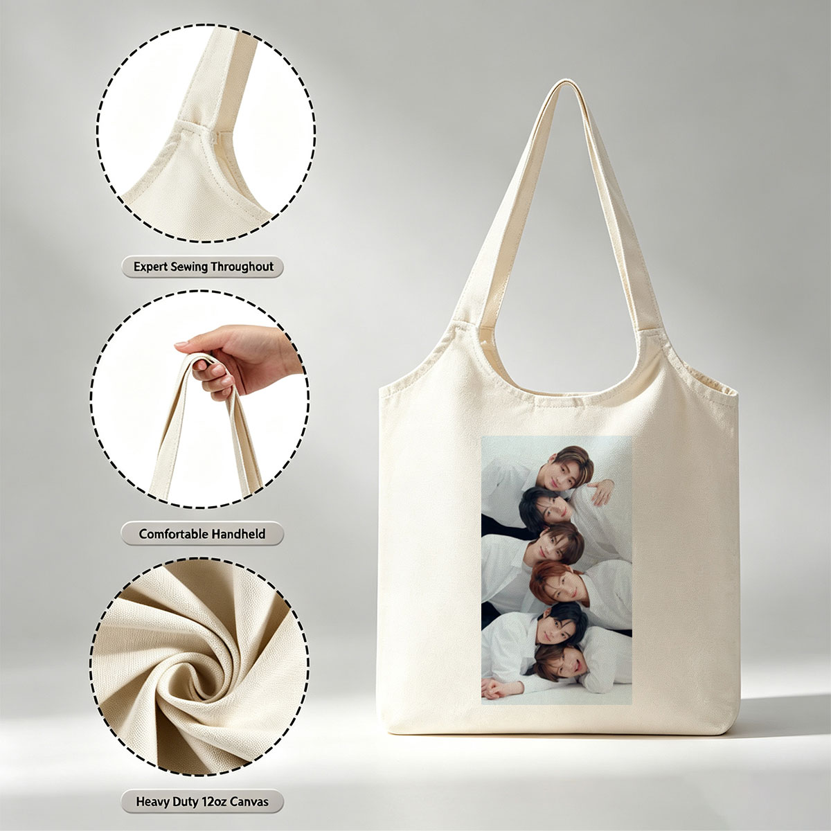 BOYNEXTDOOR Group Photo - Six Members in White Shirts Posing Closely Together on a White Background - Canvas shoulder bags/