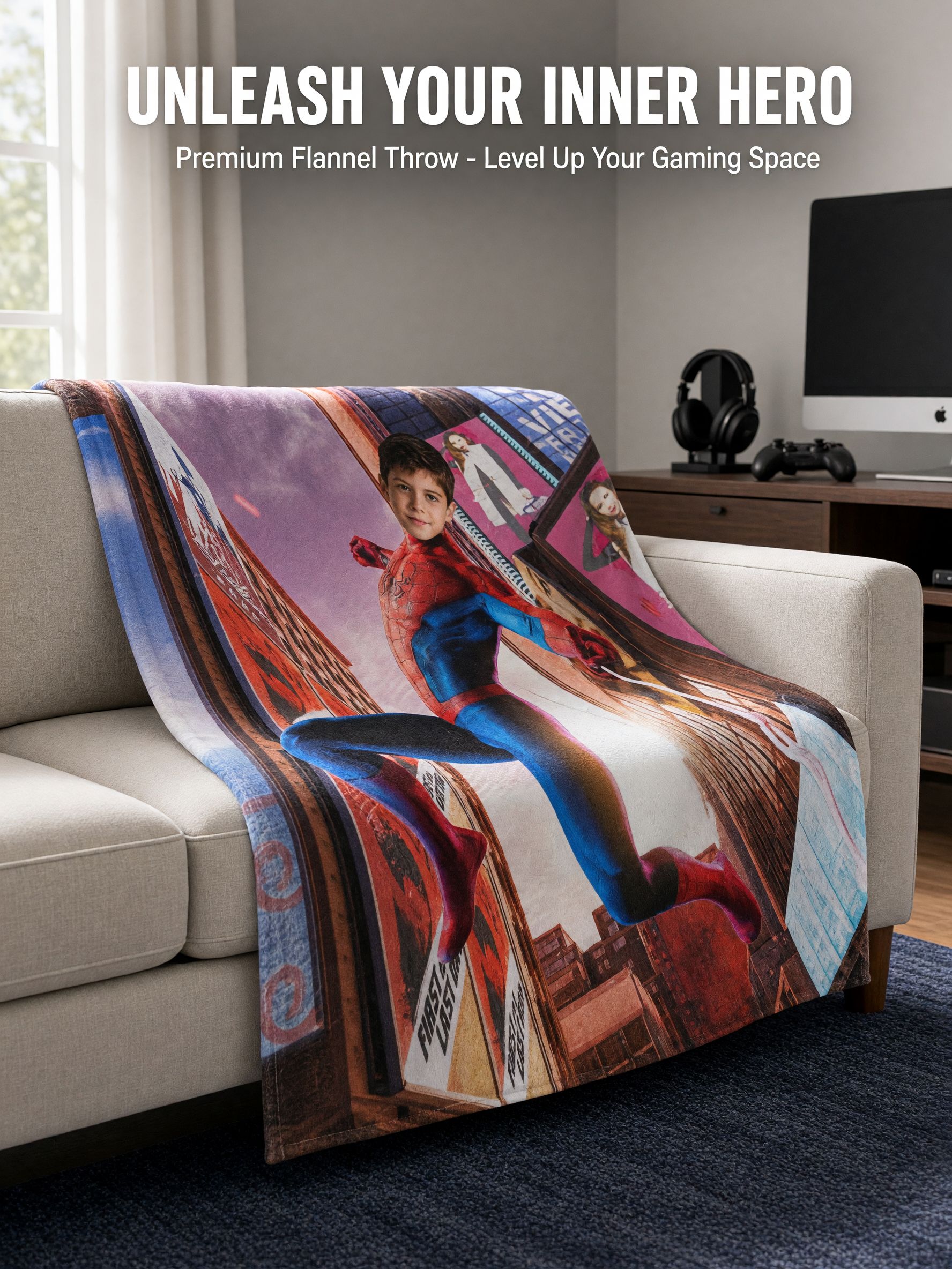 Custom Superhero Face Photo Blanket Ultra Soft Flannel Throw Fleece Ideal Personalized Gift for Kids Couch Bed