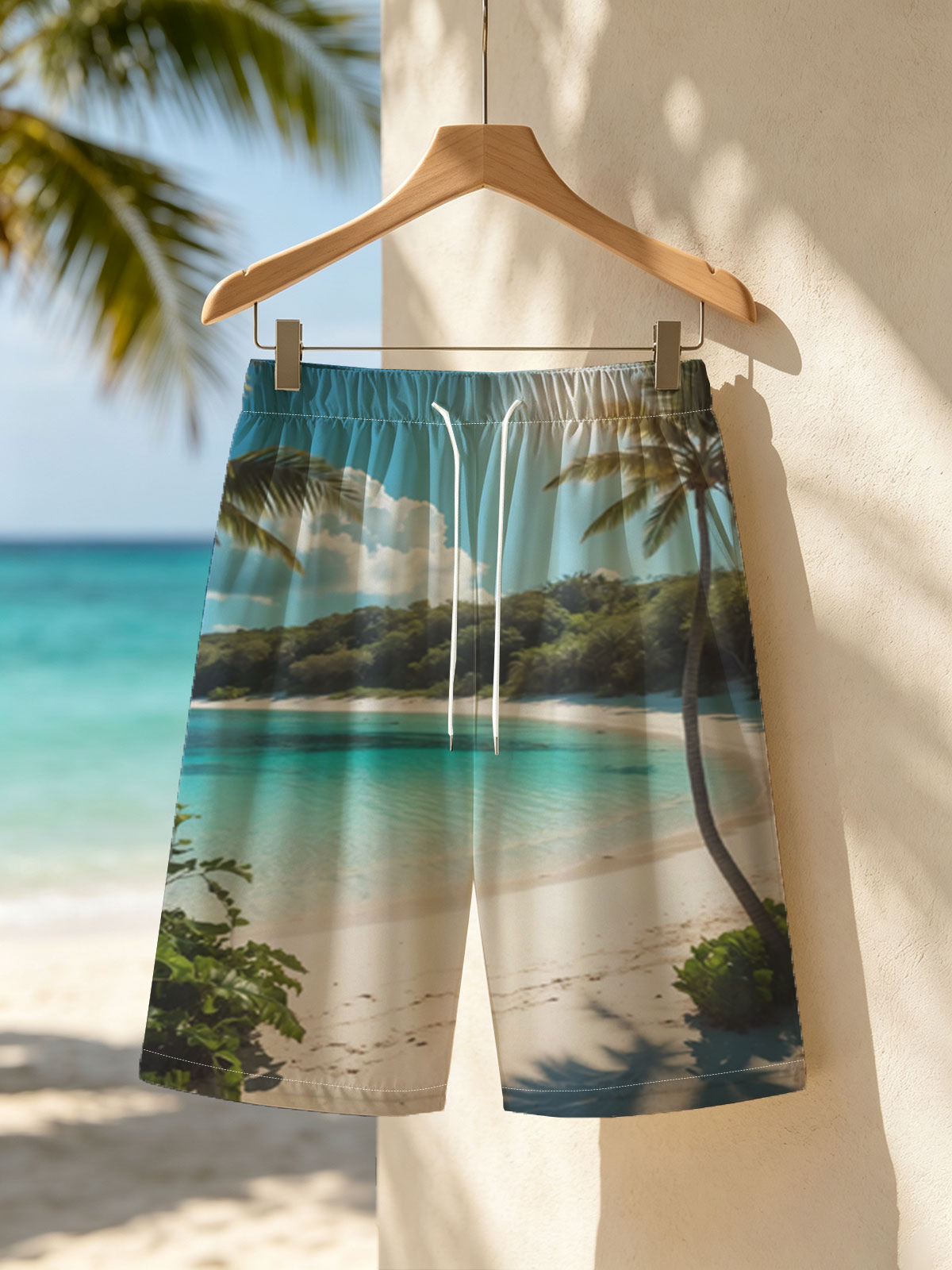 Tropical Beach with Palm Trees and Crystal Clear Water -  Beach shorts