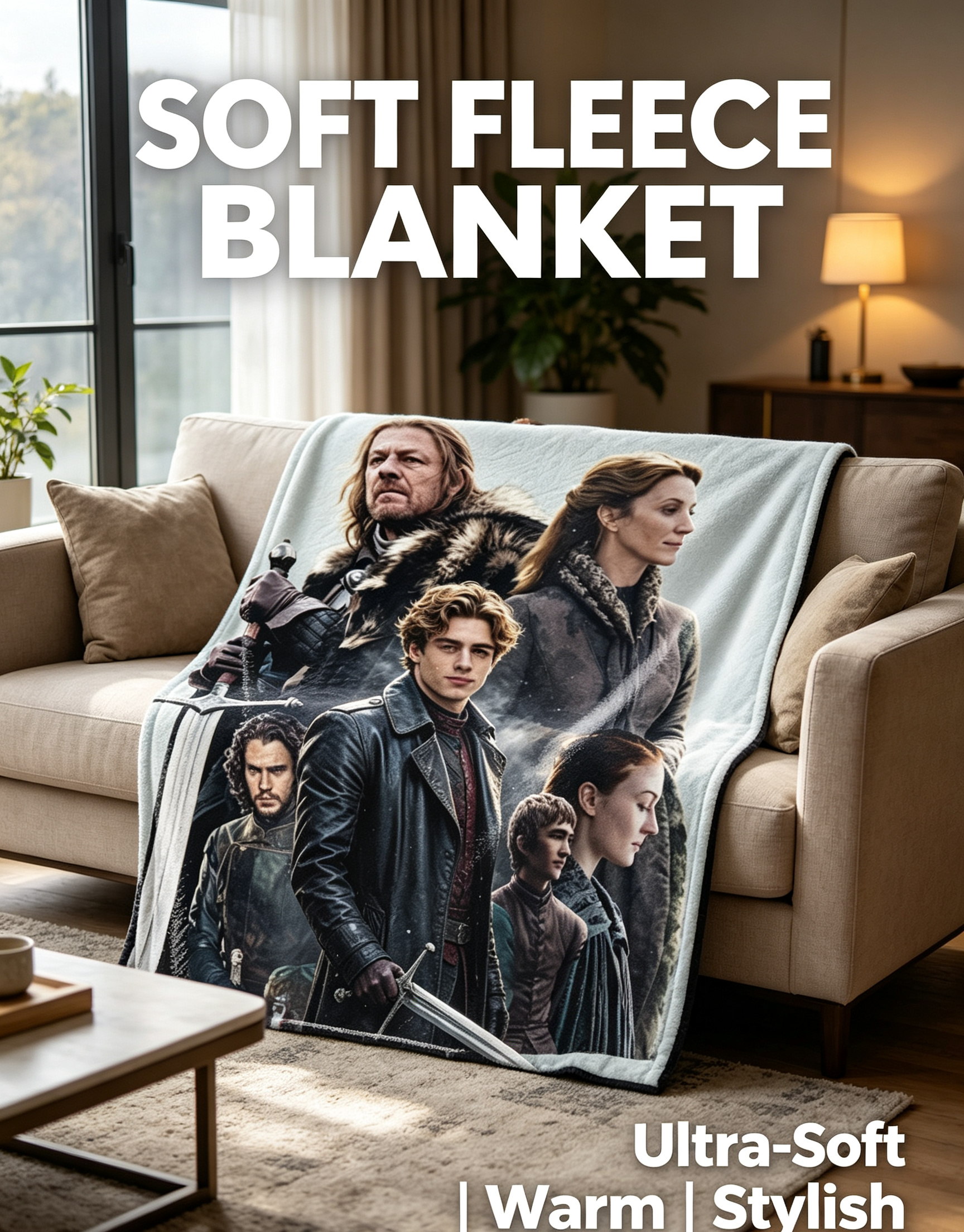 Custom Face Blanket Game of Thrones Stark Family Flannel Blanket Cozy Winter Bedding Gift for Fans and Collectors