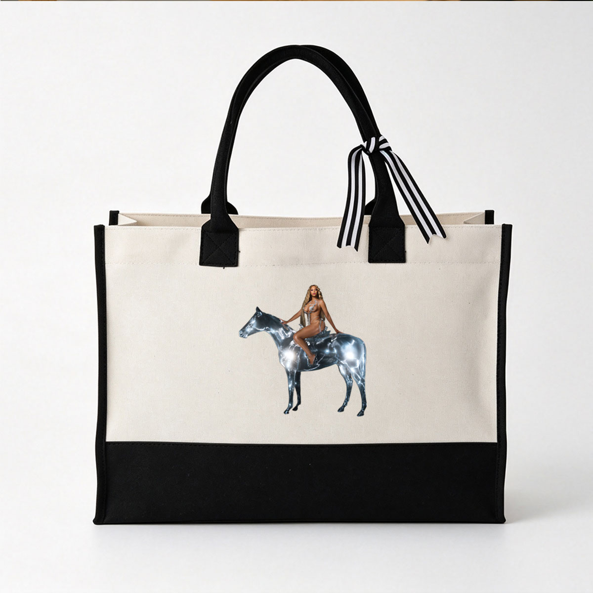 Beyoncé Riding a Transparent Horse in Futuristic Outfit - Canvas patchwork gift tote bag