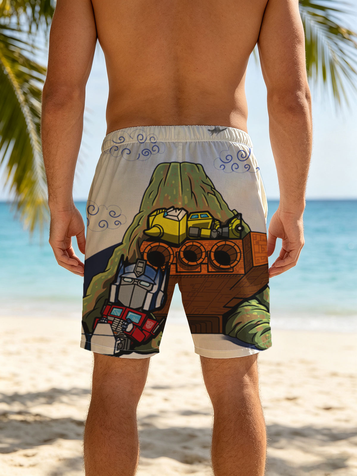Optimus Prime and Bumblebee atop a mountain with a spaceship, cartoon style -  Beach shorts