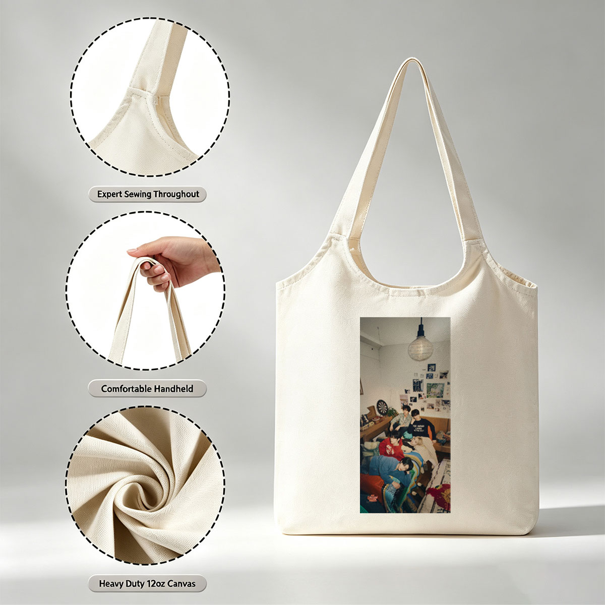 Stray Kids Relaxing in Cozy Living Room with Colorful Canvas shoulder bags/ and Wall Art - Canvas shoulder bags/