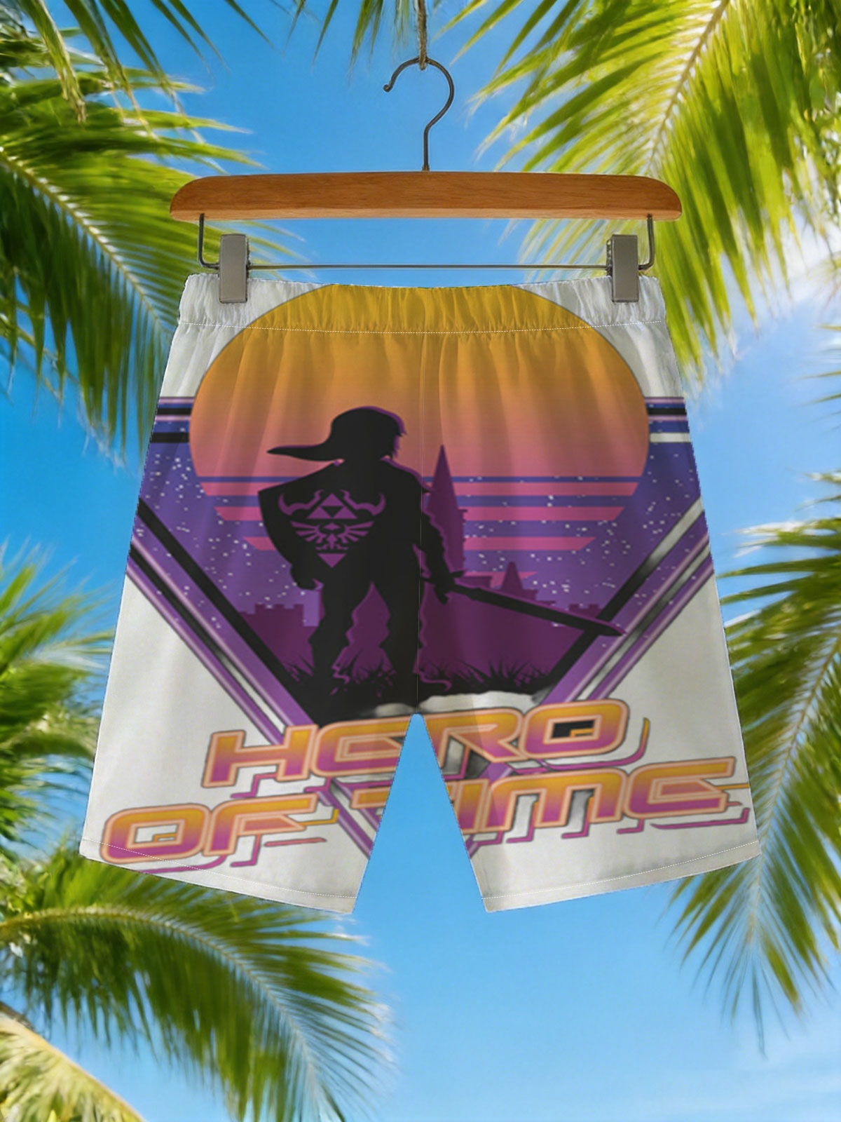 Hero of Time: Link Silhouette in Retro Sunset Scene -  Beach shorts