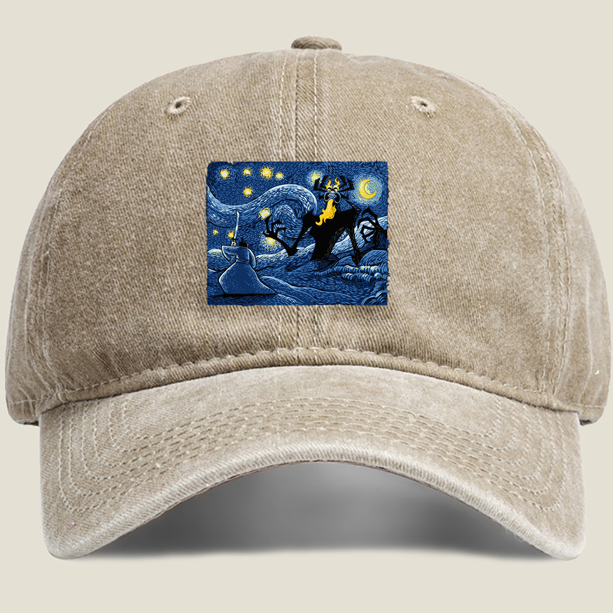 Samurai and Spider Demon in Starry Night - Washed Denim - Baseball Cap