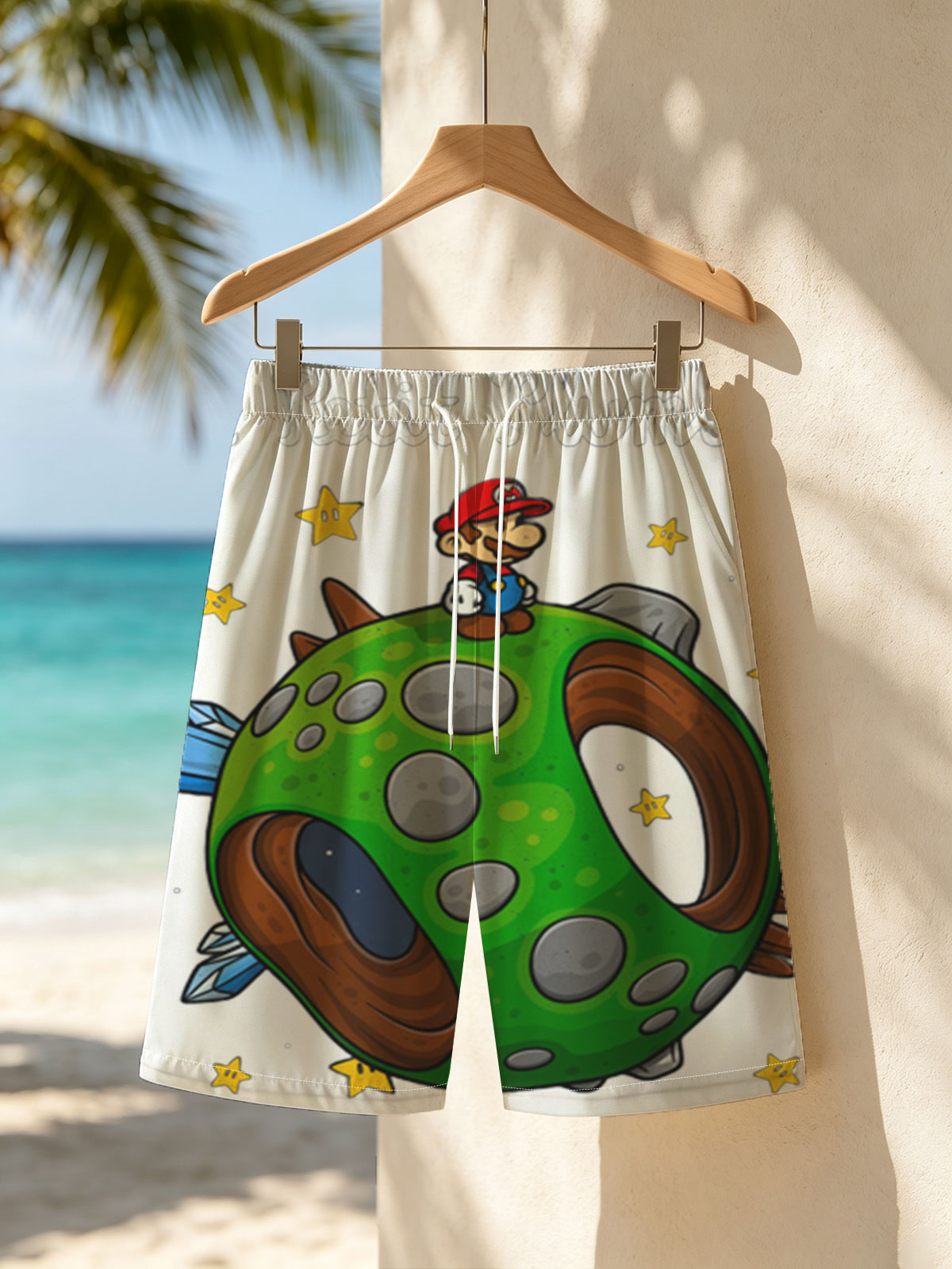 Mario on a Green Planet in Space with Stars and 