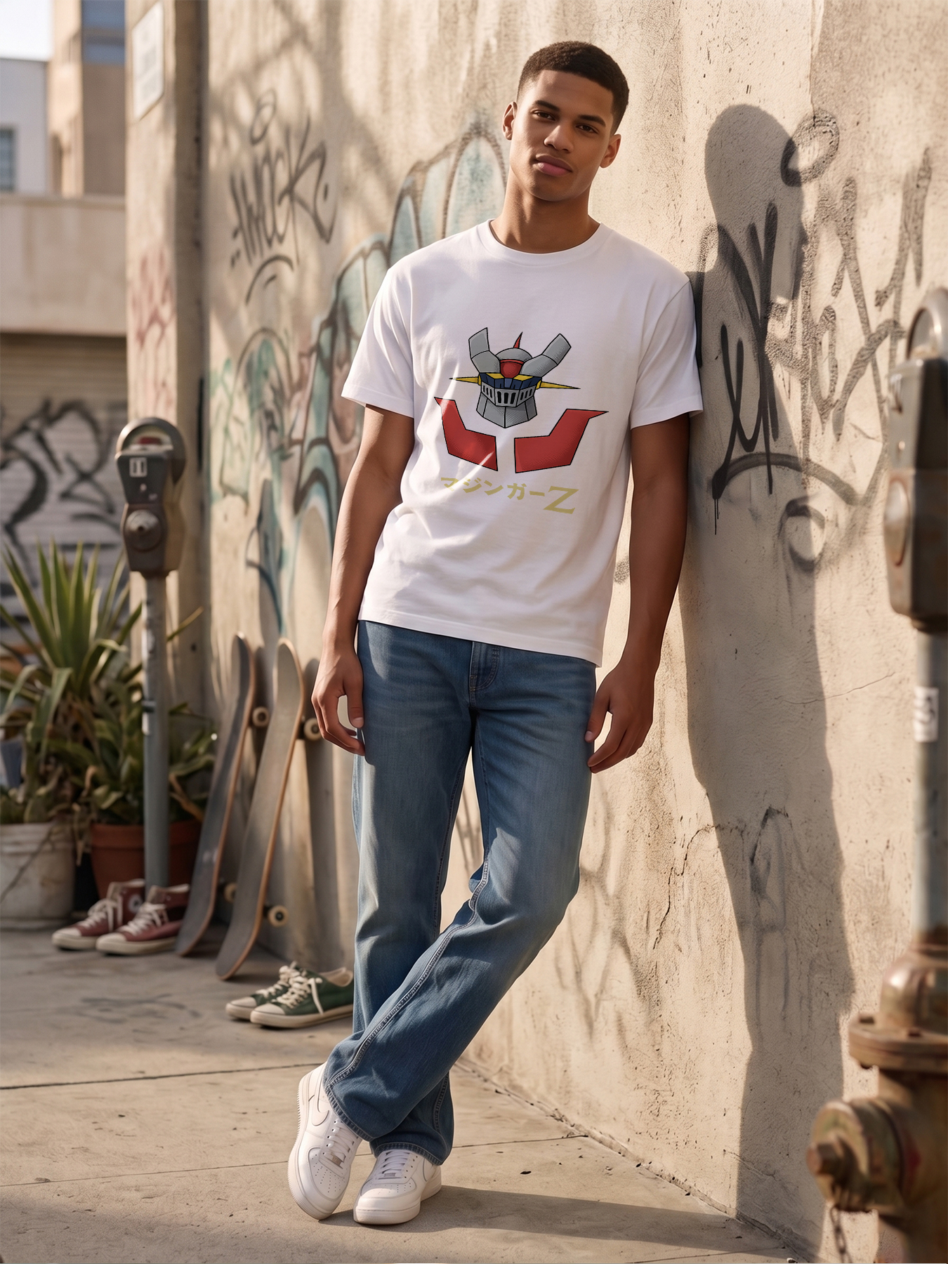 Men's Printed T-Shirt with Mazinger Z Robot Head Design and Japanese Text - Casual Round Neck Summer Lightweight Breathable Short Sleeve Tee for Anime Fans, Sci-Fi Enthusiasts, and Pop Culture Lovers