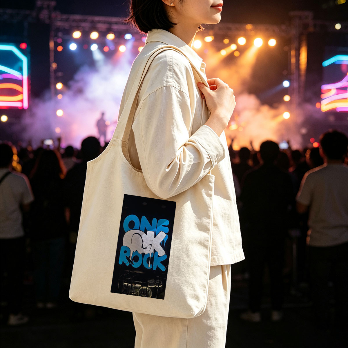 One Ok Rock Live Performance with Illuminated Stage Logo and Drum Set - Canvas shoulder bags/